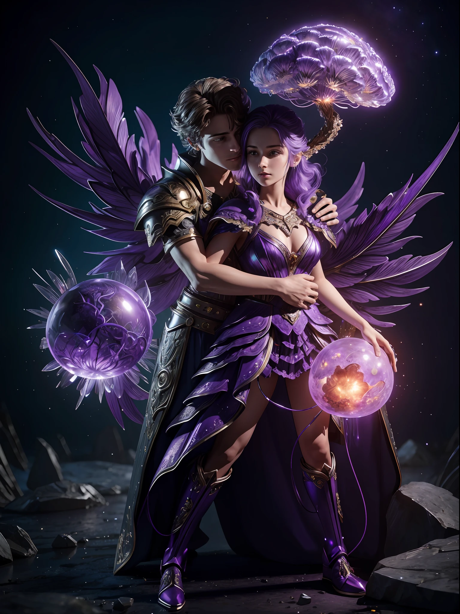 Incredible and spectacular scenes, ((high quality)), ((detailed)), ((fantasy)), "purple plasma brain, purple plasma body, realistic, best quality, 4K, flowers trapped in blisters at the top realistic, (handsome ager and beautiful girl hugging), full body portrait", image quality (3D rendering effect) , exquisite details,