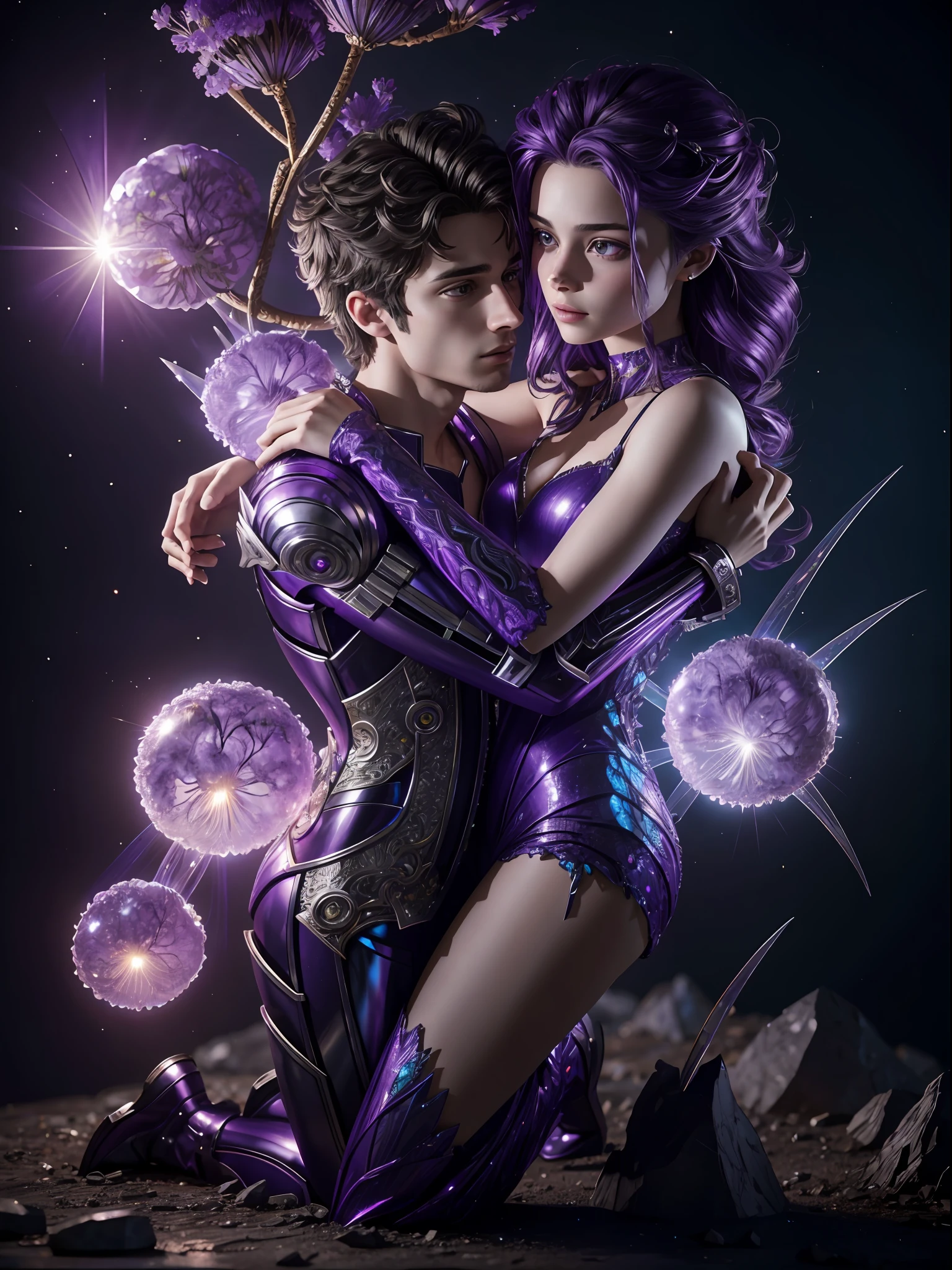 Incredible and spectacular scenes, ((high quality)), ((detailed)), ((fantasy)), "purple plasma brain, purple plasma body, realistic, best quality, 4K, flowers trapped in blisters at the top realistic, (handsome ager and beautiful girl hugging), full body portrait", image quality (3D rendering effect) , exquisite details,