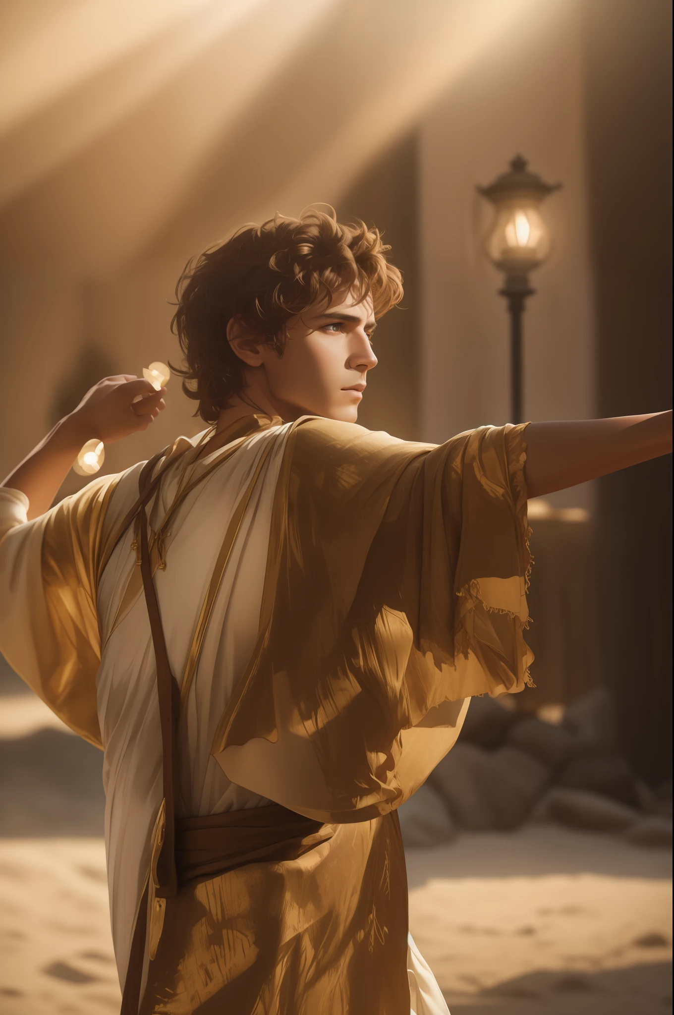 masterpiece, David of the Bible with a brown tunic (high detail: 1 1), rough face, natural skin, high quality, nsfw, beautiful eyes, (detailed face and eyes), (face: 1 2), noise, extra, real photo, PSD, lamp film photography, sharp focus, contrast lighting, detailed skin, high resolution 8k, crazy detail, realistic, professional photography, 8k UHD, SLR camera, soft lighting, high quality, grain film, Fujifilm XT3