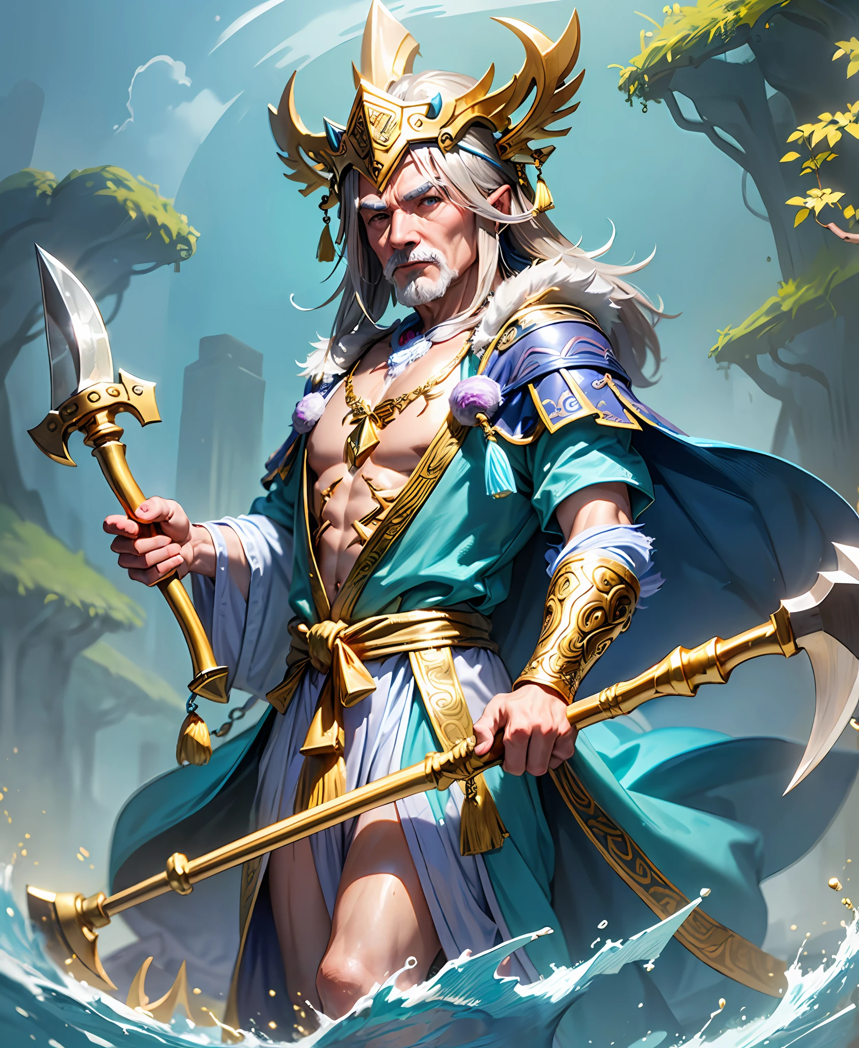 1 elderly man, the ancient river god of China, covered in a cyan robe and cape. Wearing a headdress and necklace decorated with water ripples, (((gold axe in left hand, silver axe in right hand)))