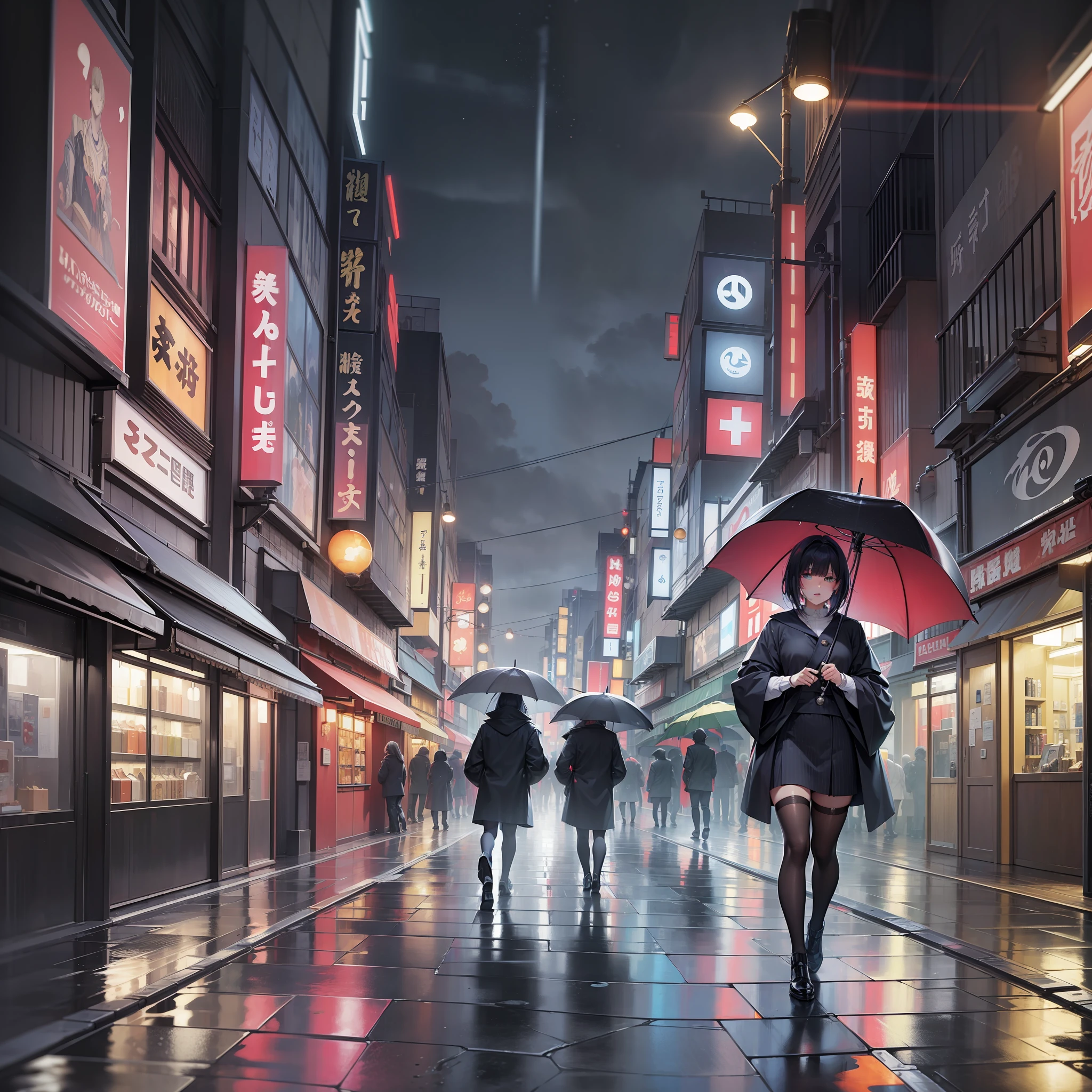 "(((masterpiece)))), best quality, ultra-detailed, anime style, human figure portrayal, high resolution, strong light, dark and rainy night on Tokyo city streets in 1555, person's walk