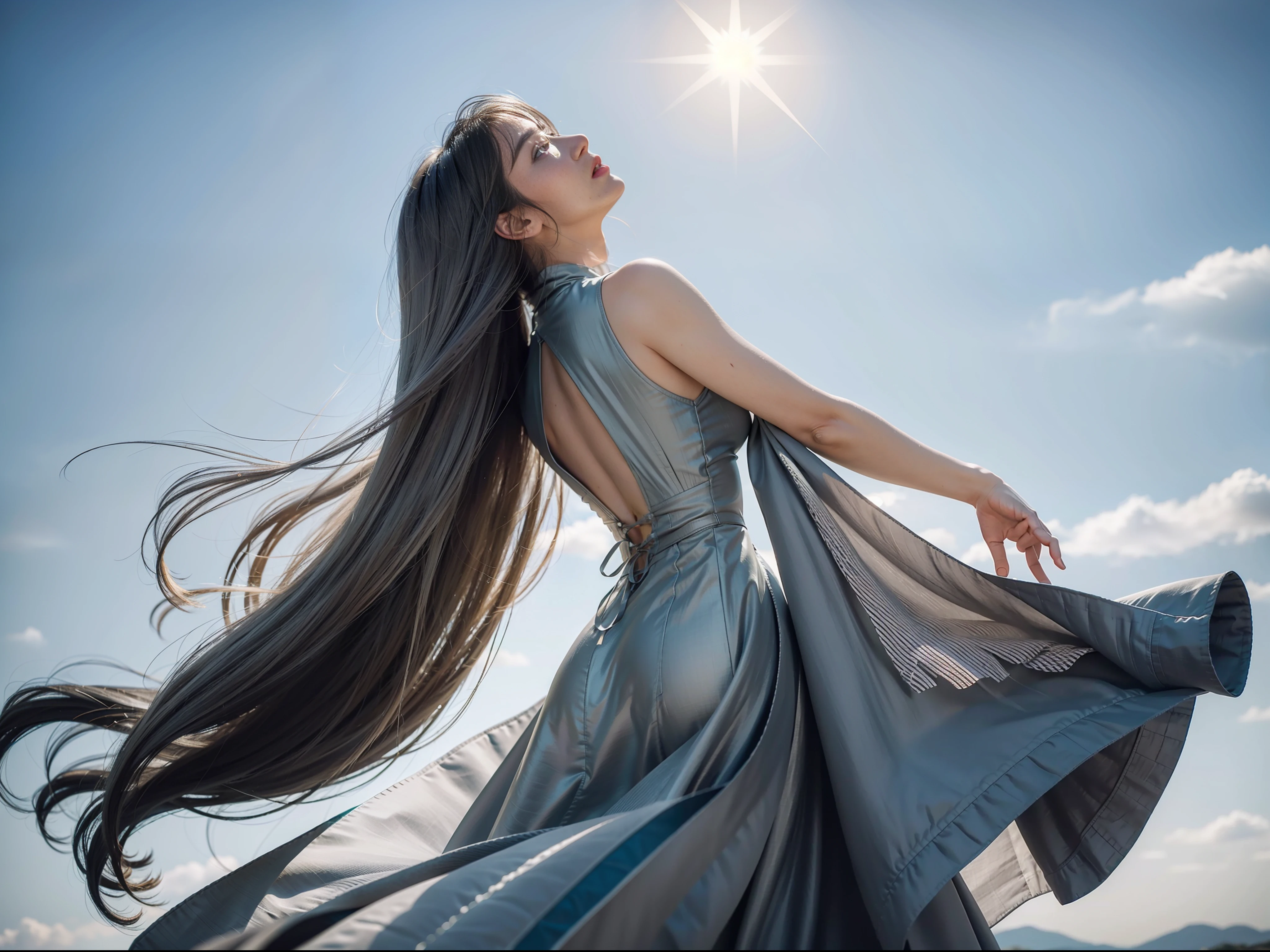 Arms spread wide, high place, back figure, back figure, as if looking up to the heavens, wearing a simple yellow long dress, towards the sky, ultra-realistic detailed portrait, fantastic background, the wind is blowing from her front, beautiful long gray hair is fluttering behind her, very strong wind, beautiful, very detailed gray hair, back figure, very detailed natural texture, in-frame, movie post-processing, movie scenes, movie lighting, 16k, super realism, insanely detailed,