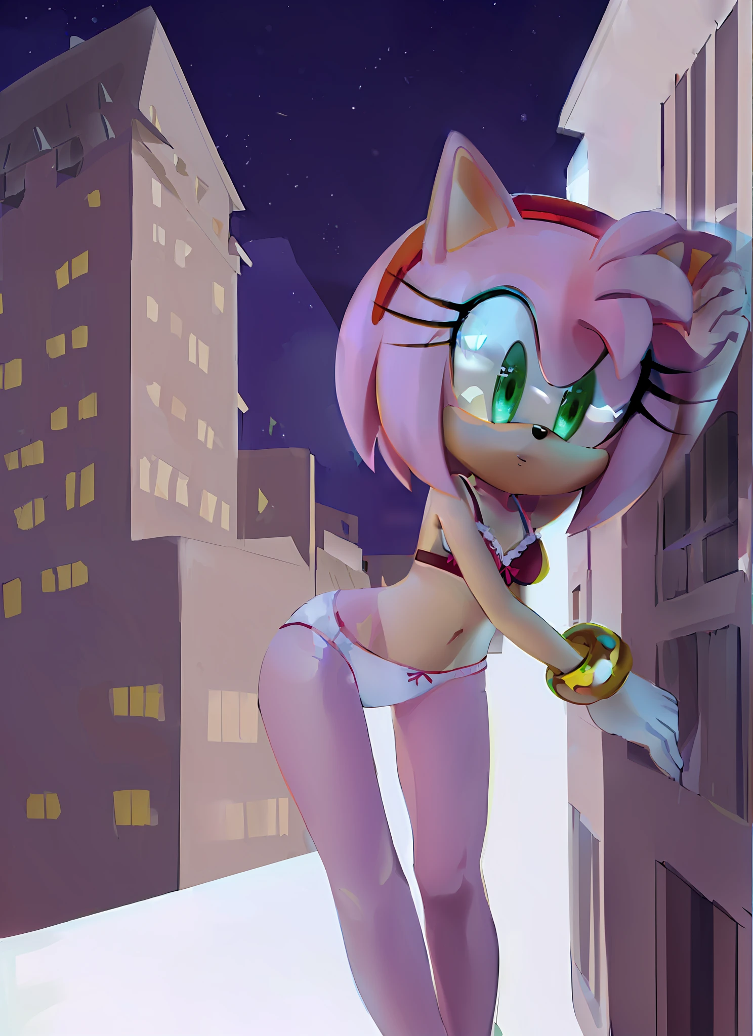 "(((masterpiece))),4k resolution,extremely delicate and beautiful,dynamic angle and pose,(1girl), animal nose,. Amy rose, bra, white panties, sfw, (( thin )), girl, (( thin legs )), golden brasalet both arms, alone, looking at viewer, night, city background, on building roof, little breast