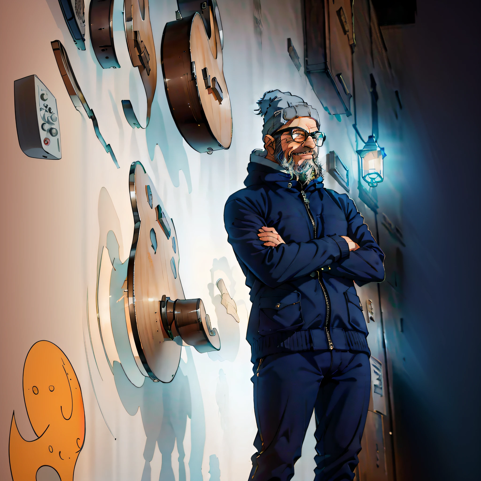 there is a man standing in front of a wall with guitars on it, style of james jean, james jean ”, cyril rolando and m. w kaluta, cyril rolando and m.w kaluta, in style james jean, james jean style, sergey zabelin, alexey egorov, simon stälenhag, hideaki anno anime