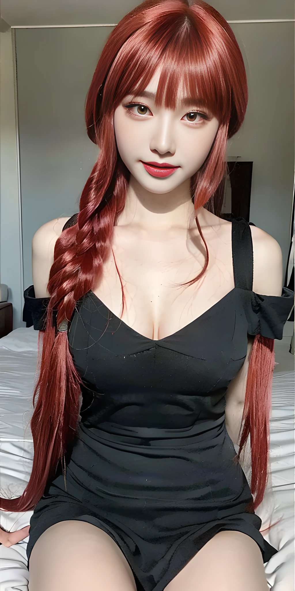 Best quality, 8k, 32k, Masterpiece, UHD:1.2), (Cowboy shot of a Pretty korean woman 18 years old), 1girl,extremely detailed face, extremely detailed eyes, (red long hair with korean bangs),flirty smile, looking at viewer, double eyelid, medium breasts, cleavage, solo focus, off shoulder , (black sexy dress:1.3), ,on a hotel room with a big window and a bed ,abs,(bottom_view, photo_from_bottom, upskirt:1.3)