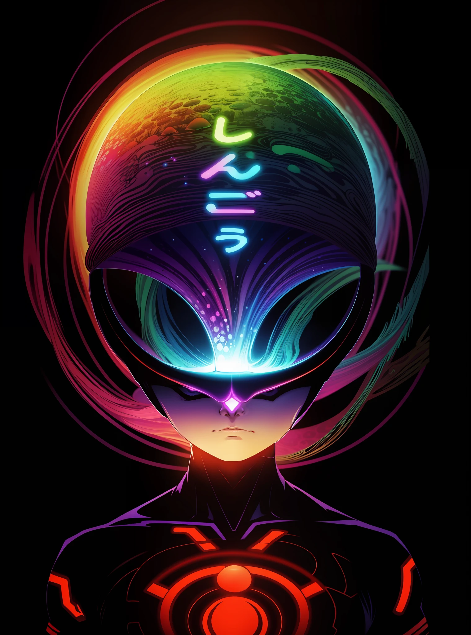 Mushroom inspired by Kanō Tan'yū, multicolored T-shirt art, alien colors, alien language, ufotable, alien design, vivid!!, auras, half human half alien, inspired by Sōtarō Yasui --auto --s2