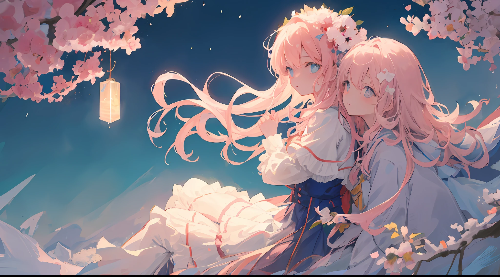 (1girl:1.2), slight blush, hands down, wavy hair, long hair, fluffy hair, light pink hair, icy blue eyes, sakura tree, hair flower, capelet, lace trim, frills, bodice, wind, winter, mountain range, mountain sitting near mountain, detailed water, sparkling eyes, light smile, peaceful, winter, extremely detailed, depth of field, cinematic lighting, Ghibli-like colours, high detail, scenery, high place, horizon, wind, wind blow, looking at viewer, lolita clothes, 8k, bokeh, from side, award winning, (masterpiece:1.2), best quality, anatomically correct, perfect hands