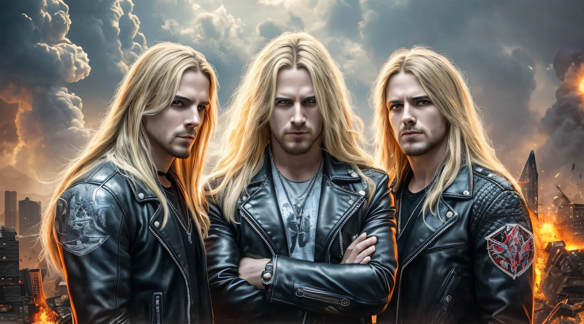 best quality, ultra high resolution, (photorealistic: 1.4), THREE men LONG BLONDE HAIR, a closeup .leather jackets, destruction, heavy metal band promotion, 4k destruction, devastation, destructive, total destruction, smoke and destruction, official art, destruction around you, desolation, demolition, heavy rock band promo photo, city destruction, thrash metal, distortion, massive destruction, destroyed, detonation, robot destruction, cosmic destruction