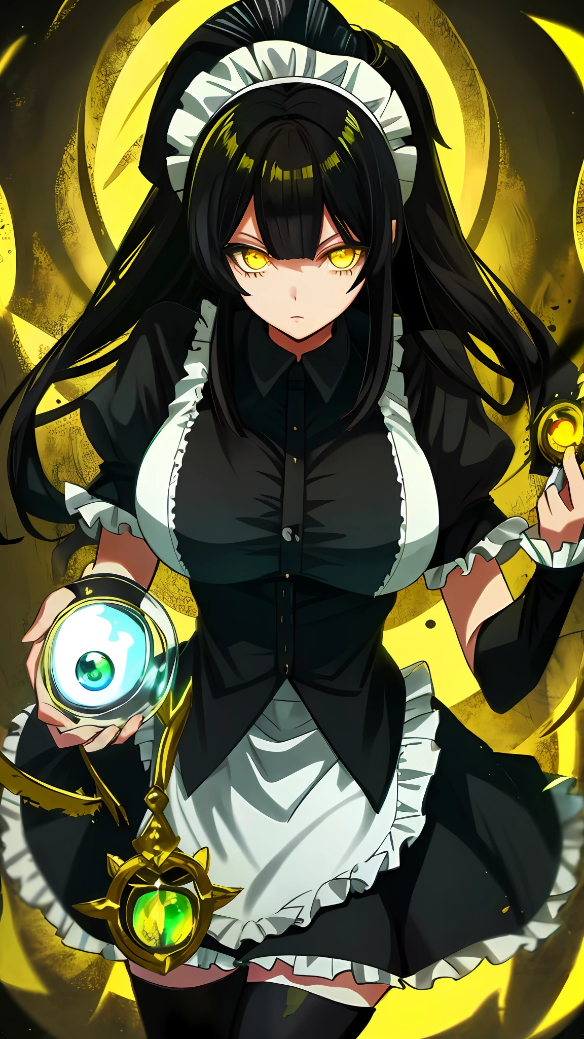 Yellow eyes, black hair, maid outfit, 1girl, large breasts, light Expression, 1girl, glass eyes,