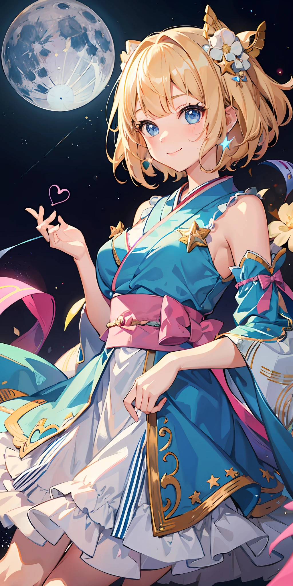 1girl, bright, blonde, light blue eyes, heart motif, star, moon, short hair, uniform bangs, multicolored hair, princess, saleme, side lights, light particles, wallpaper, big, plump, idol, idol costume, cute costume, pink, amazing costume, kimono, loose fluffy, smile, gentle, clear, loli, sexy