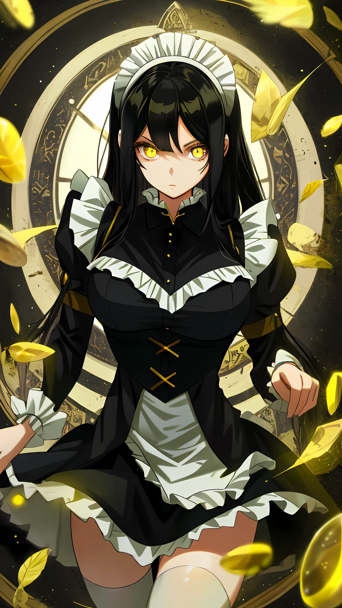 Yellow eyes, black hair, maid outfit, 1girl, large breasts, light Expression, 1girl, glass eyes,