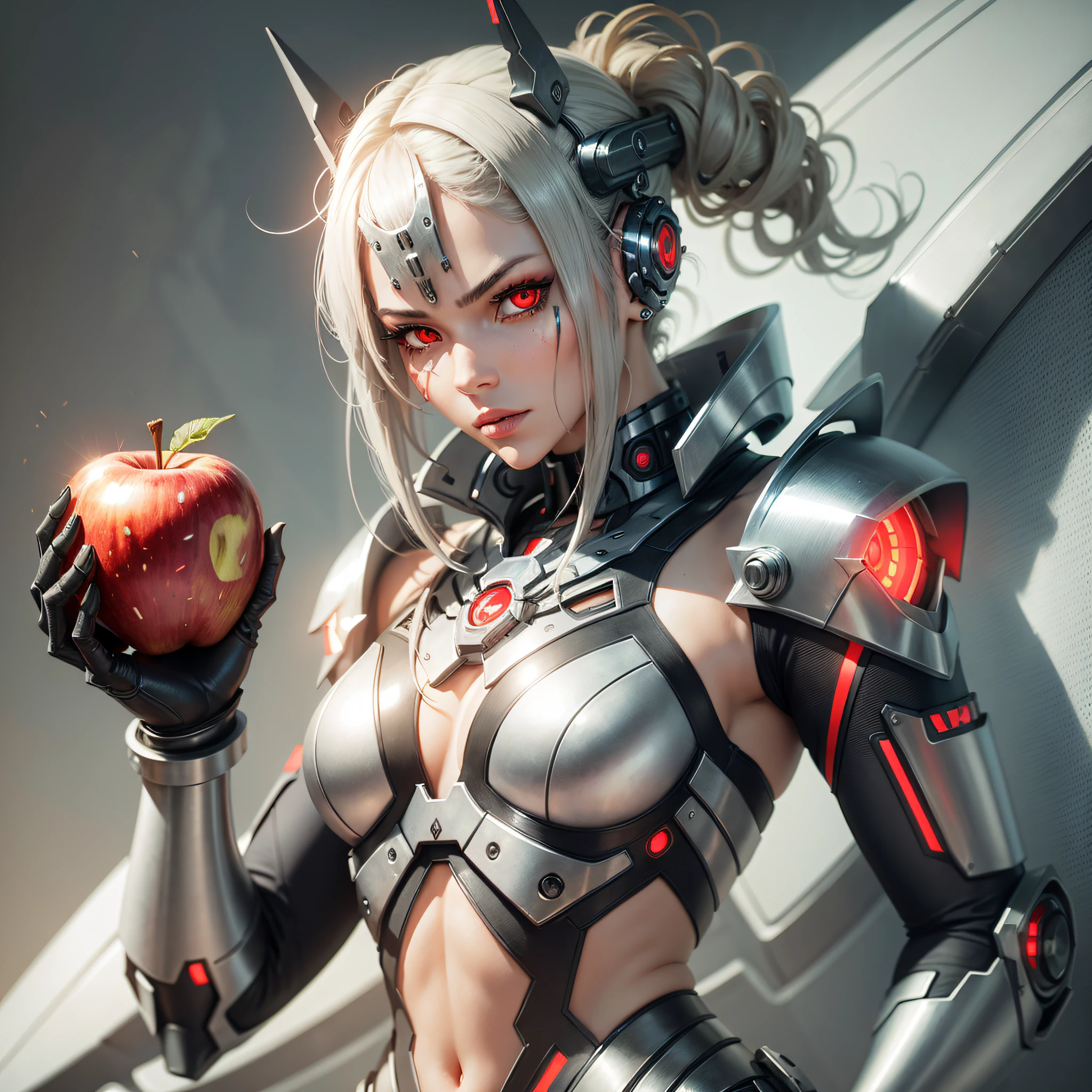Female cyborg with half face with metallic plates, red eyes and holding an apple --auto --s2