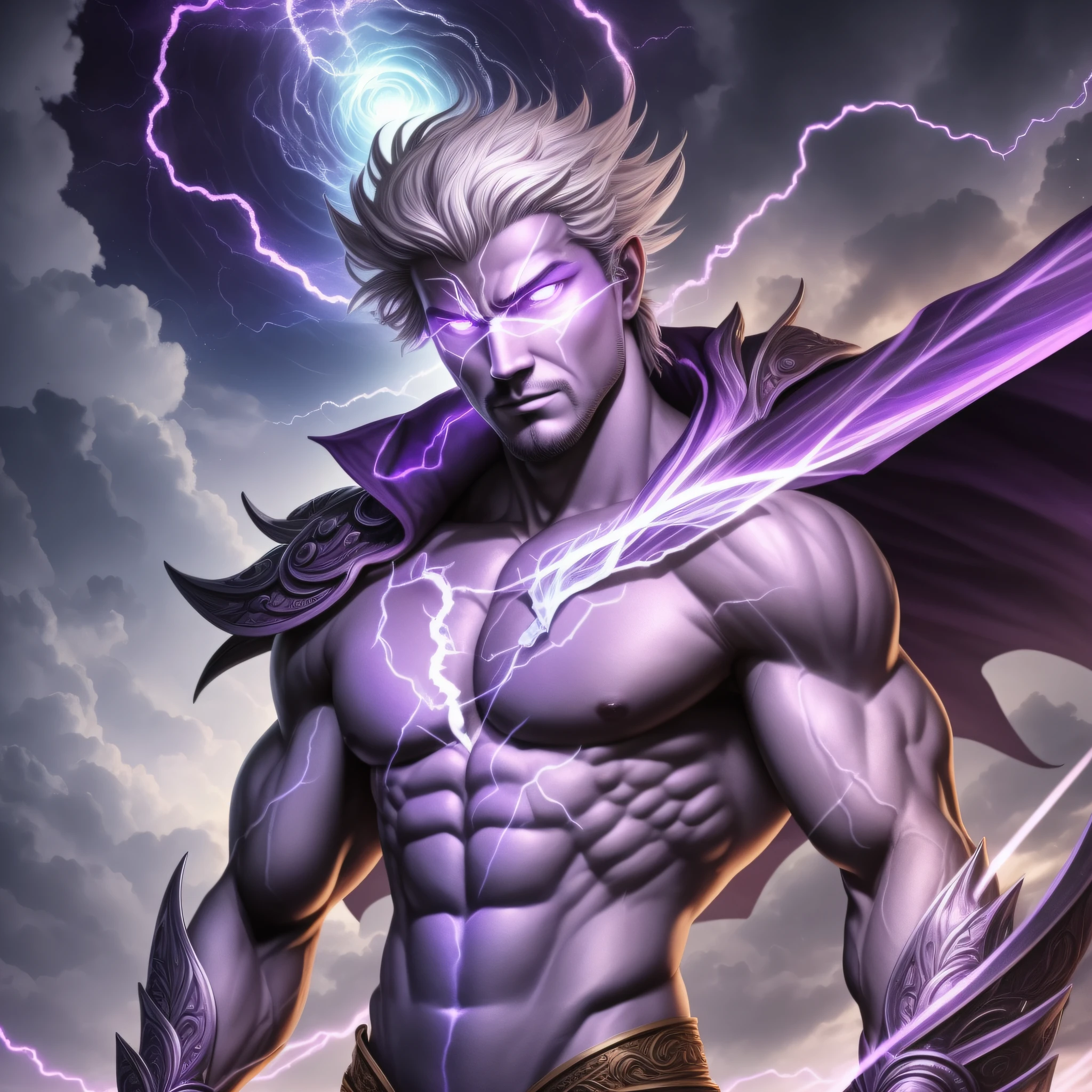 imagine a character with body formed (humando) his skin is (purple) he is inside a hurricane eye is coming out purple rays, his body has rays coming out of them, he flying over the sky, gives to see, his hand and the sea, and is agitated, he is looking, forward, face, bad, he looks like a mythical god, He doesn't have much muscle he's thinner, and has a staff