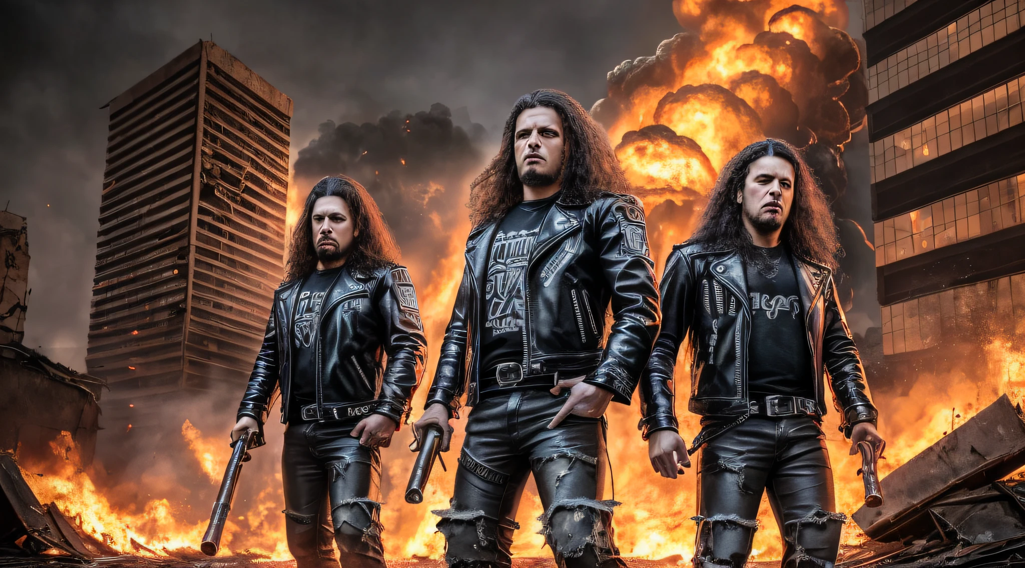 a closeup of QUARTER men in leather jackets, destruction, heavy metal band promotion, 4k destruction, devastation, destructive, total destruction, smoke and destruction, official art, destruction around you, desolation, demolition, heavy rock band promo photo, city destruction, thrash metal, distortion, massive destruction, destroyed, detonation, robot destruction, cosmic destruction