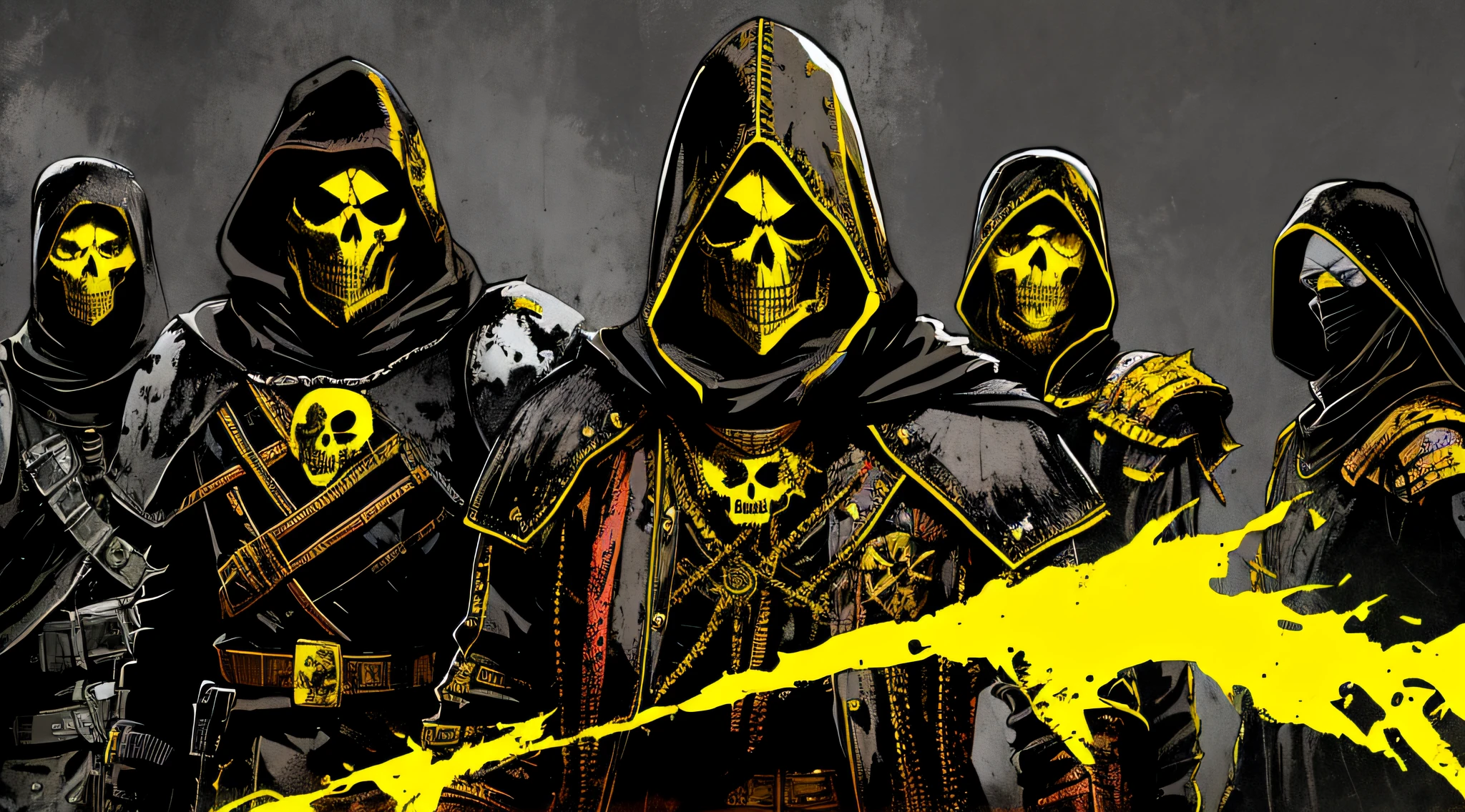 yellow and black, skull face medieval cultists with armor, in the style of Mork Borg, strong contrast, grunge dirty punk splash art, zine black metal, forest color splash background