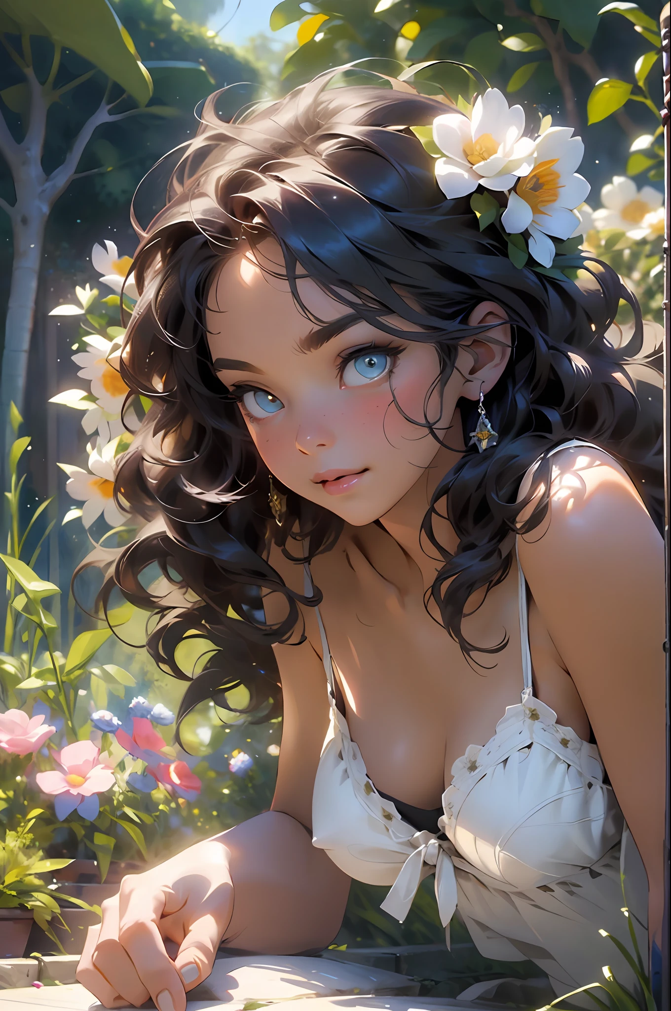 melancholy lighting, quiet, calm, brightness, masterpiece, best quality, 1girl, (JinxLol:1.2), (ultra photorealistic:1.3), (masterpiece:1.4), best quality, ((realistic)), high quality, ultra detailed, ((Real image)), ((realistic skin)), ((realistic face)),(illustration:1.05), (beautiful:1.05), (beautiful detailed eyes:1.05), (cinematic light:1.1), Full body, precise proportions, 18-year-old girl, skinny model lying on the grass, surrounding garden, tree shadow, DARK hair fluttering in the wind, tulle, long legs, slightly open feet, buttocks, blush, shyness, collarbone, abdominals, double weave, beautiful and delicate face, fair skin, real skin, (face detail), pores, super high resolution, 8k, parameters Best quality, masterpiece, super high resolution, (Realistic 2.0), More details, detailed skin, no panties, wide smile, white teeth, voluminous DARK curly hair, perfect and well designed eyes, girlfriend, beautiful, beautiful, flowers, studio lighting
