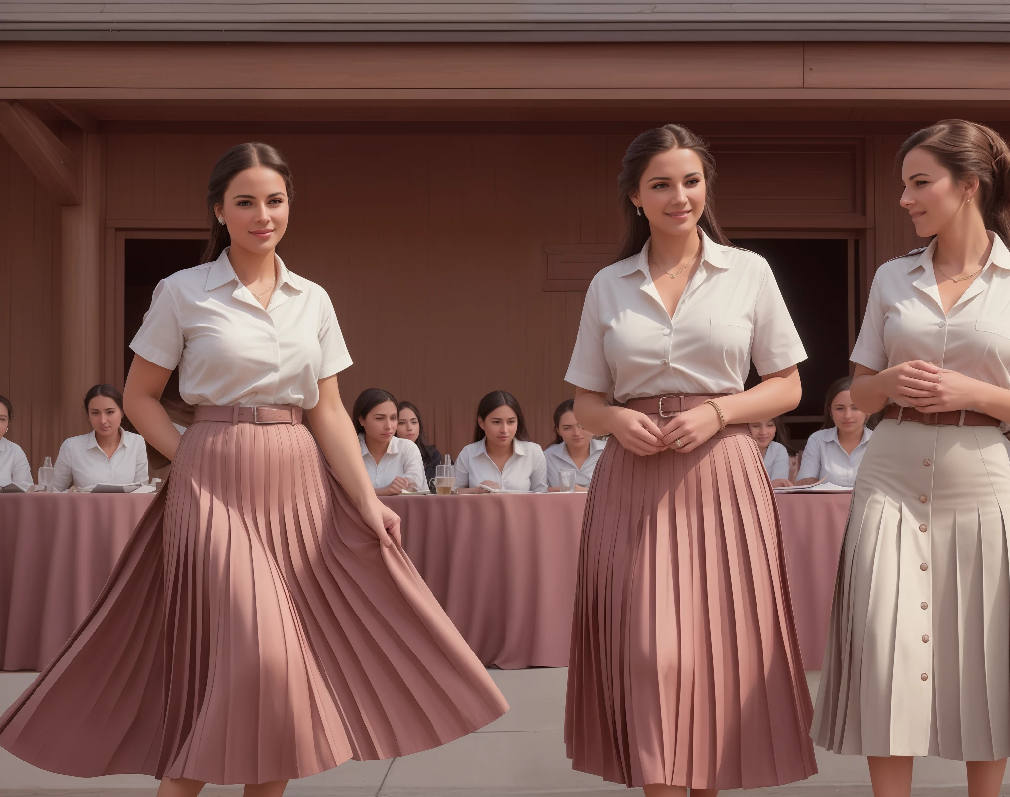 35mm f1.4 Kodak portra 400 photograph, extremely high quality RAW photograph, (1959 lesbian long skirt teachers conference:1,4), (shy) authentic (kind and tender) lesbian women wearing short blazers with a very very detailed (long (fully pleated) full circle skirts) and (simple) low heeled office shoes, very very intricate hyper-detailed symmetric (attractive graceful young feminine faces) with (sad, tired) eyes and a (flirty smiles:1.3), full of empathy and compassion and love, (pronounced feminine features:1,3), big boobs, large breasts, (highly detailed ultra accurate realistic:1,1) hands and fingers, ((windy conditions and wind blowing)), epic composition, highly detailed attributes, highly detailed atmosphere, detailed background, intricate, Exquisite details and textures, highly detailed