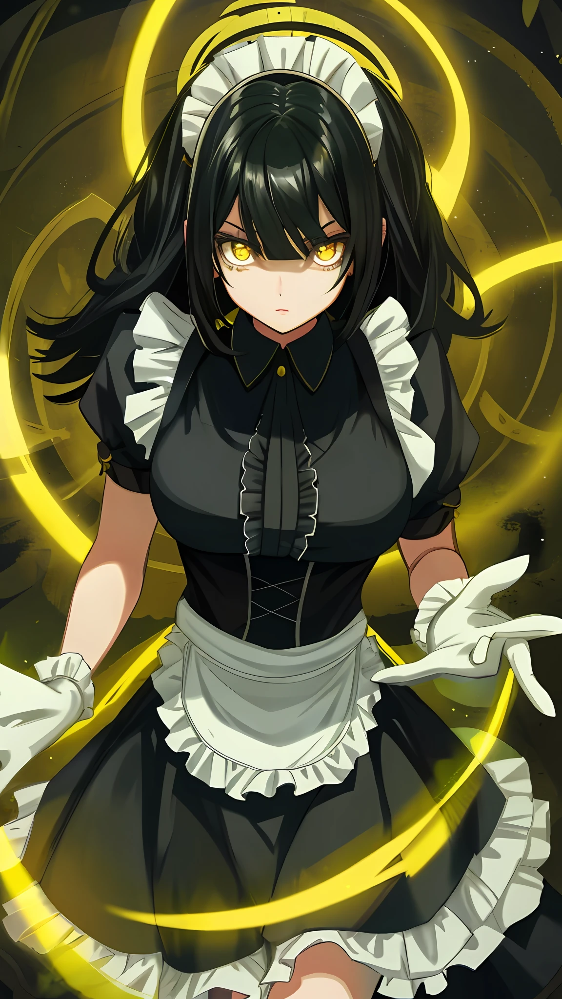 Yellow eyes, black hair, maid outfit, 1girl, large breasts, light Expression, 1girl, glass eyes,