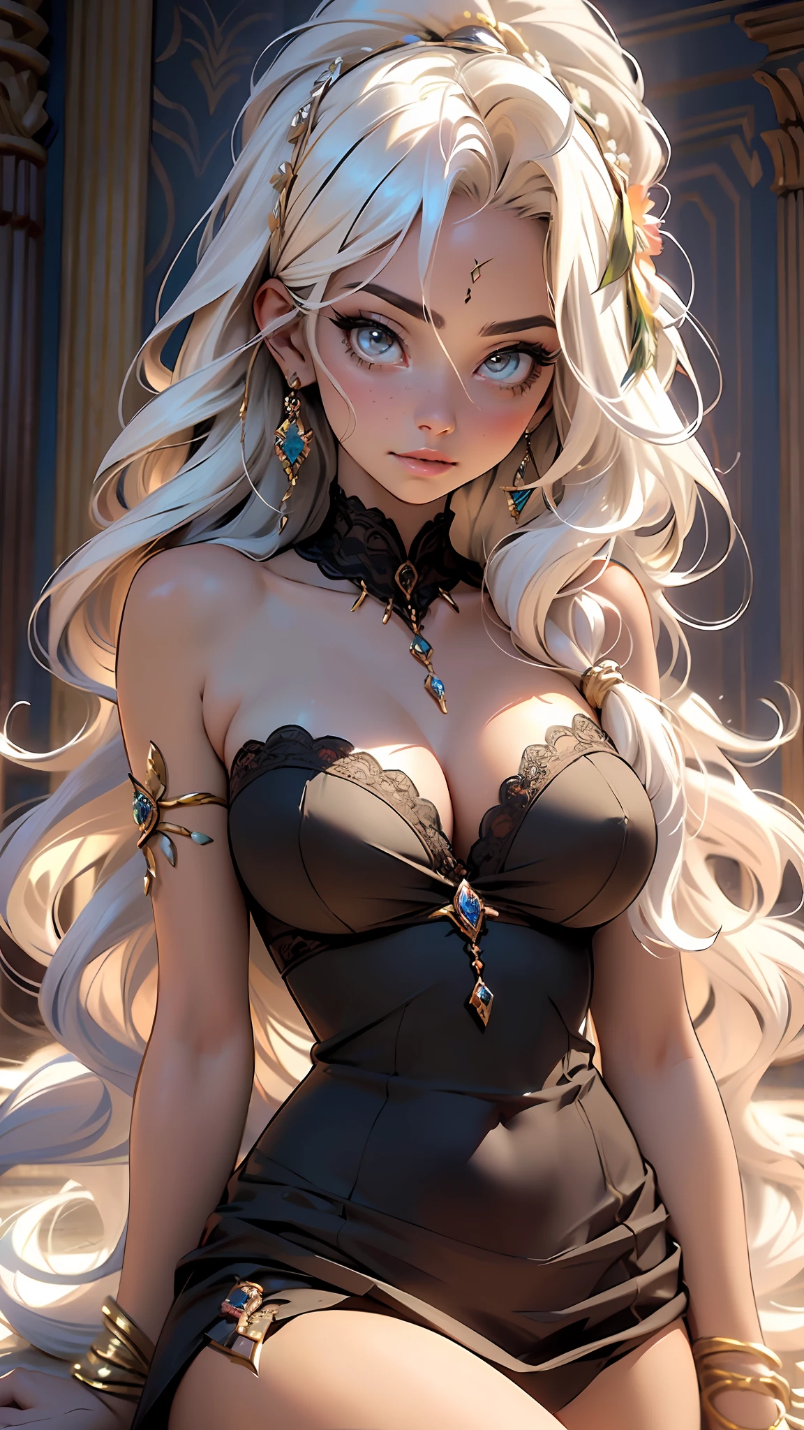 (((multicolored hair, [white hair])))), ultra realistic 8k CG, perfect face, flawless, clean, masterpiece, professional artwork, famous art, cinematic lighting, cinematic flower, perfect face, beautiful face, beautiful eyes, (((perfect female body, narrow waist))), beautiful queen, royal, divine, goddess, (royal palace), fantasy, dreamlike, unreal, science fiction, (huge breasts), beautiful clothes, lace, lace trim, lace legwear,  nsfw, breasts out, absurdly long hair, very long hair, (rich: 1.4), prestige, luxury, jewelry, diamond, gold, pearl, gem, sapphire, ruby, emerald, intricate detail, delicate pattern, sexy, charming, seductive, seductive, erotic, charming, hair ornament, necklace, earrings, bracelet, armband, looking at the viewer,