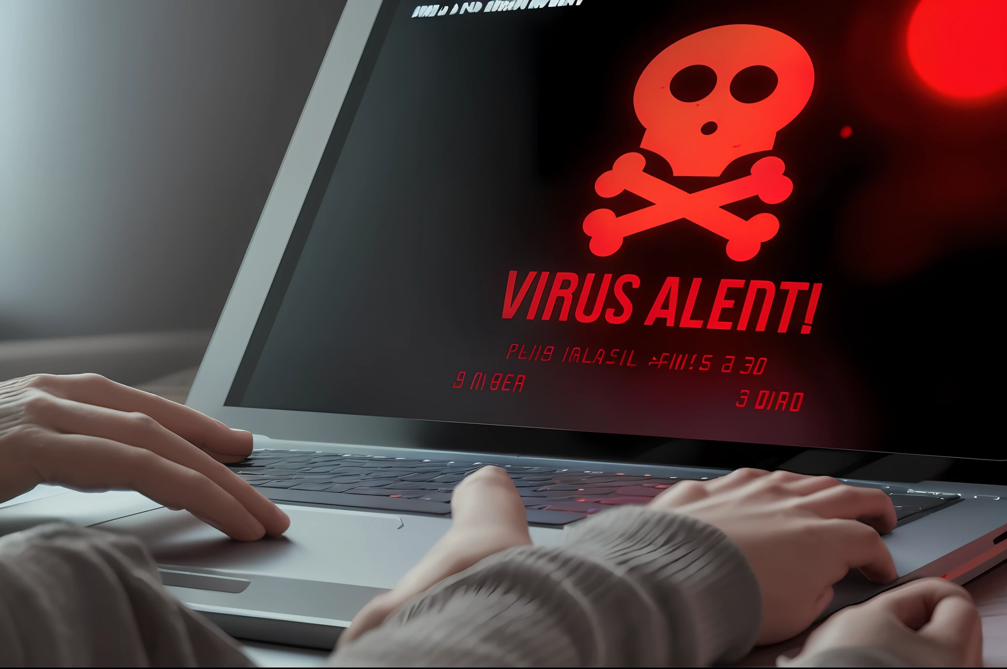 someone is typing on a laptop with a red sign on the screen, virus, beauty is a virus, malicious, cyber war, the origine of cybertimes, oompa loompa virus, hacking effects, 3 4 5 3 1, danger, exclusive, viral image, shockwaves are coming out, personal computer horror, easy go, cognitohazard, scare