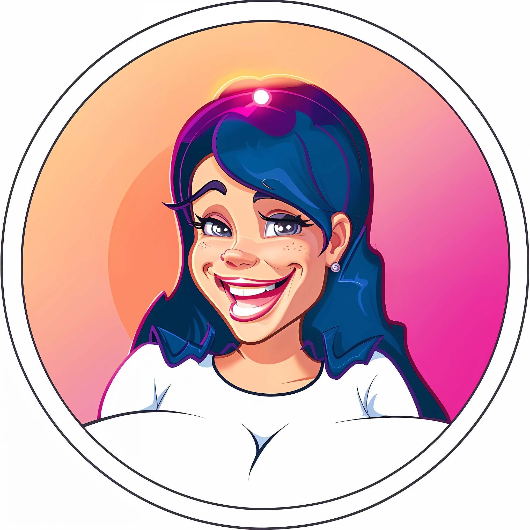 cartoon woman with a smile in a circle, in cartoon style, cartoon artstyle, round teeth and goofy face, crazy seductive smile, cartoon portrait, she is smiling and happy, with round cheeks, she is smiling, cartoon illustration, cartoon style illustration, with round face, she is smiling and excited, cel shaded:15, friendly seductive smile, cartoon face