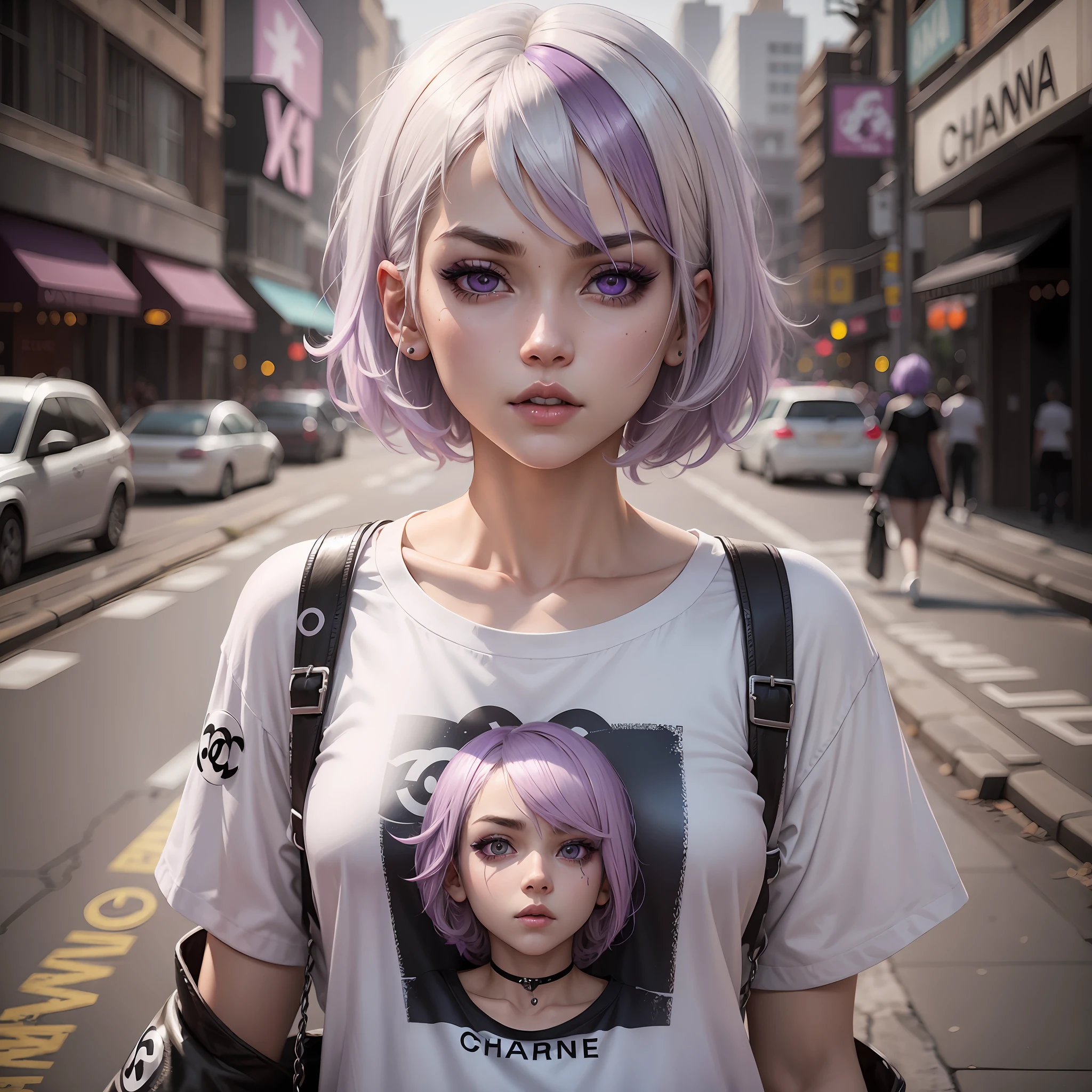 Female character with short white hair "Chanel" with purple highlights. black eye, white pupil, indie outfit with Nirvana print t-shirt, anime style, small bust --auto --s2