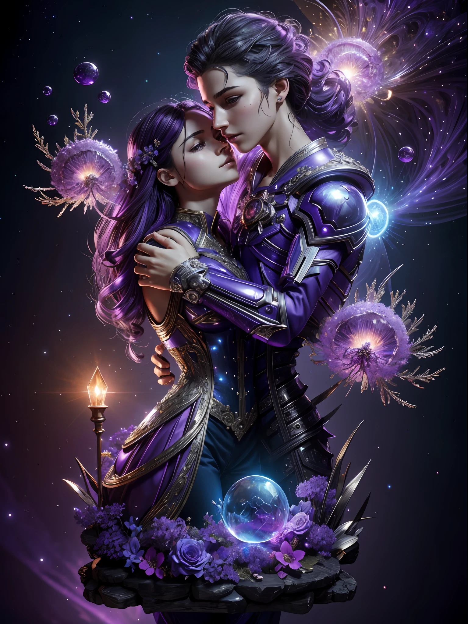 Incredible and spectacular scenes, ((high quality)), ((detailed)), ((fantasy)), "purple plasma brain, purple plasma body, realistic, best quality, 4K, flowers trapped in blisters at the top realistic, (handsome teenager and beautiful girl hugging and kissing), full body portrait", image quality (3D rendering effect) , exquisite details,
