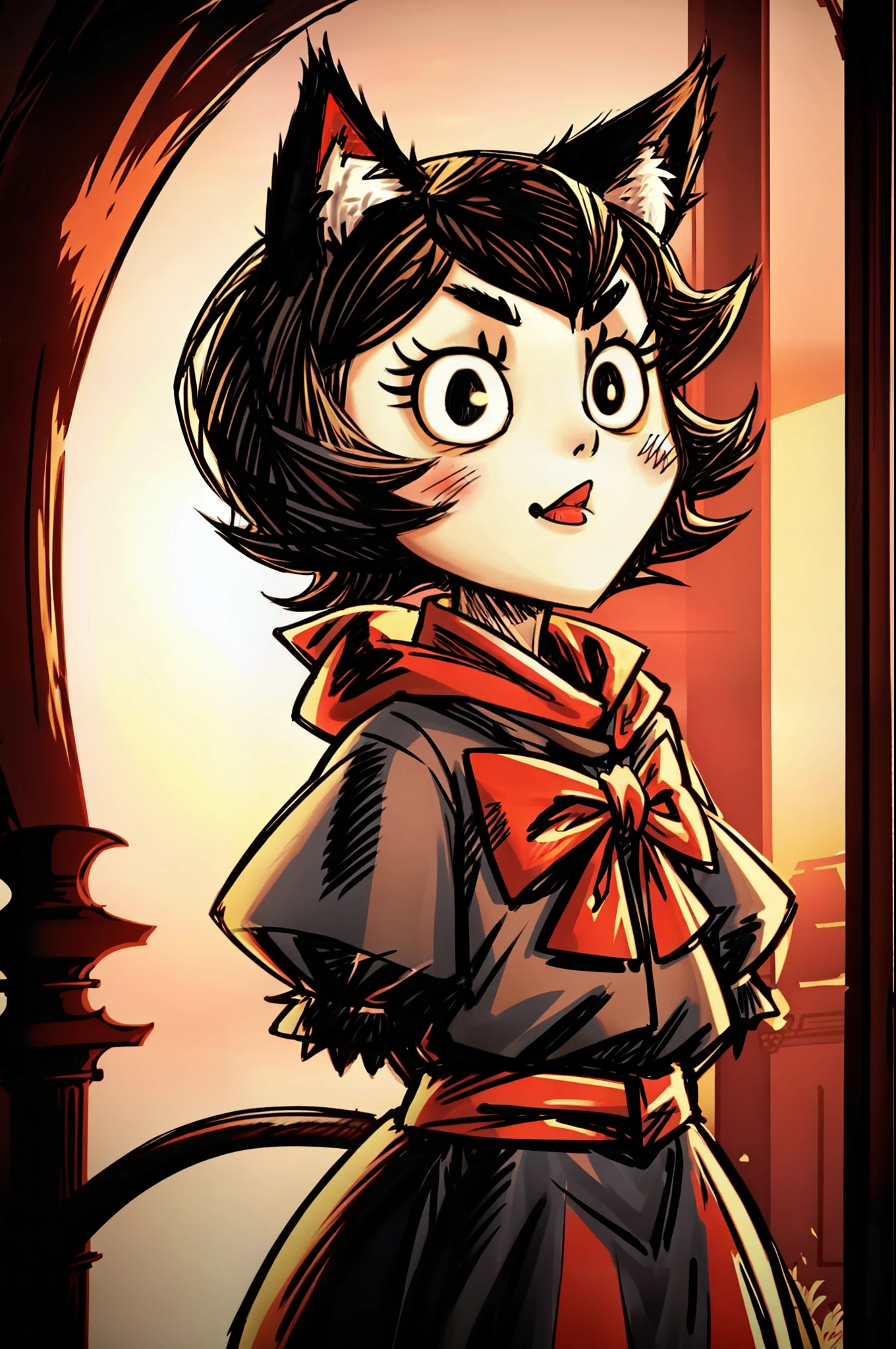 Don't go hungry style, masterpiece, best quality, ultra-detailed, illustration, 1girl, short black hair, short hair, tomboy, cat ears, black cloak, red scarf, big bow behind back, fluffy collar, sunset, big eyes