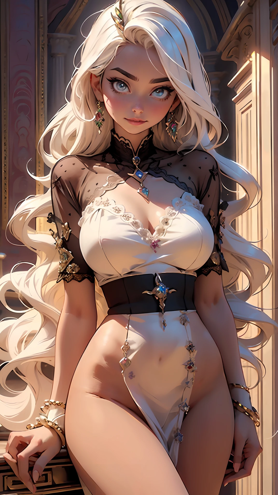 (((multicolored hair, [white hair])))), ultra realistic 8k CG, perfect face, flawless, clean, masterpiece, professional artwork, famous art, cinematic lighting, cinematic flower, perfect face, beautiful face, beautiful eyes, (((perfect female body, narrow waist))), beautiful queen, royal, divine, goddess, (royal palace), fantasy, dreamlike, unreal, science fiction, (huge breasts), beautiful clothes, lace, lace trim, lace legwear,  nsfw, breasts out, absurdly long hair, very long hair, (rich: 1.4), prestige, luxury, jewelry, diamond, gold, pearl, gem, sapphire, ruby, emerald, intricate detail, delicate pattern, sexy, charming, seductive, seductive, erotic, charming, hair ornament, necklace, earrings, bracelet, armband, looking at the viewer,