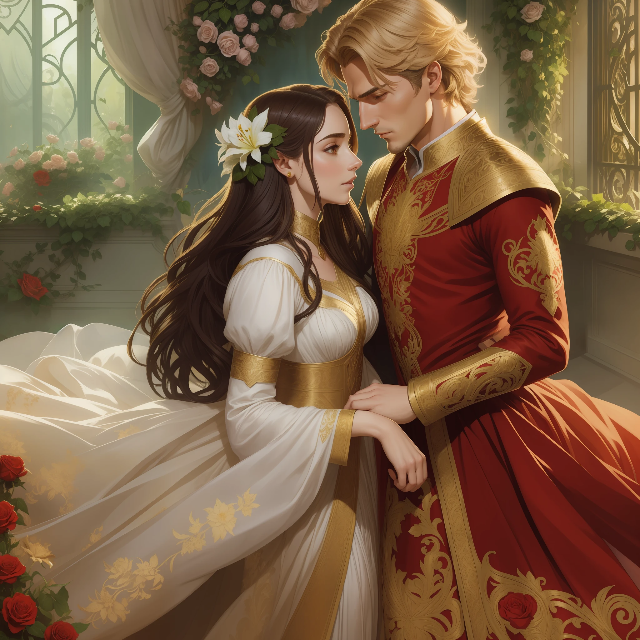 Couple kisses a home and a woman with much affection, the man Neels Visser is a prince who has golden blonde hair, wears a medieval military outfit and is in love with the commoner woman Lily Collins, who has curly brown black hair and wears a red dress, illustration of a romance book cover with a detailed background, smooth, bright full of ivy-covered flowers and red roses, castle, ornate dress standing on a bed of roses, rim light, dynamic lighting, ethereal lighting, ultra detail, conceptual art, elegant, surreal, art by Lisa Aisato, Greg Hildebrandt, Citemer Liu, Stjepan Sejic, Samyang, Aykut Aydogdu, Justin Gerard, Alphonse Mucha, Artgerm, WLOP and Greg Rutkowski