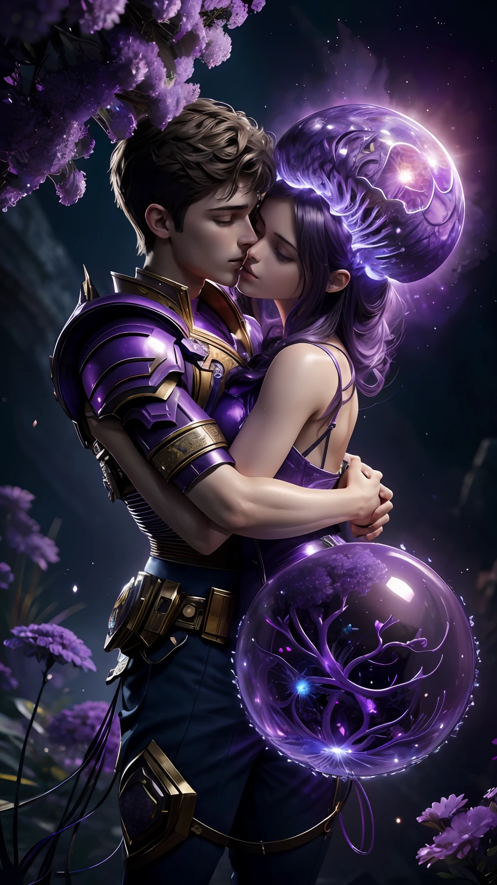 Incredible and spectacular scenes, ((high quality)), ((detailed)), ((fantasy)), "purple plasma brain, purple plasma body, realistic, best quality, 4K, flowers trapped in blisters at the top realistic, (handsome ager and beautiful girl hugging and kissing), full body portrait", image quality (3D rendering effect) , exquisite details,