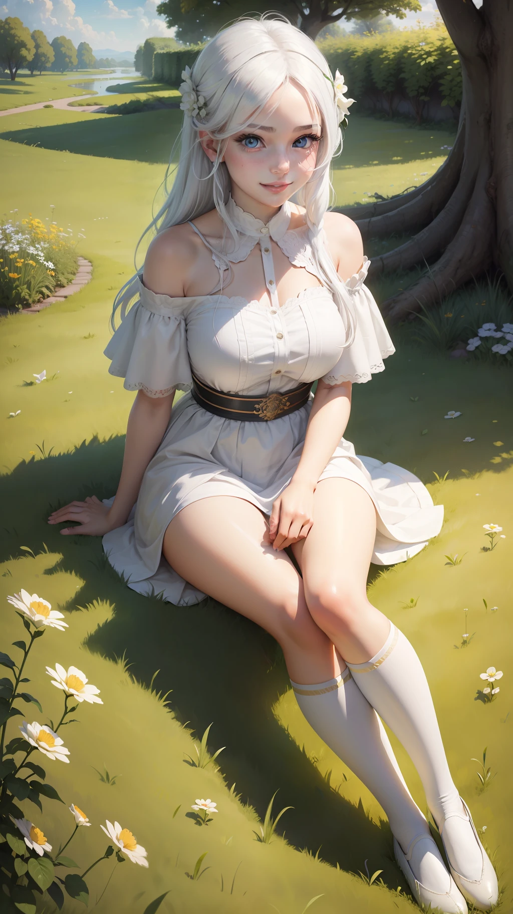 Masterpiece, real, 4k, ultra detailed, illustration, beautiful detailed eyes, a girl and a boy, white hair, healing smile, sitting on grass.