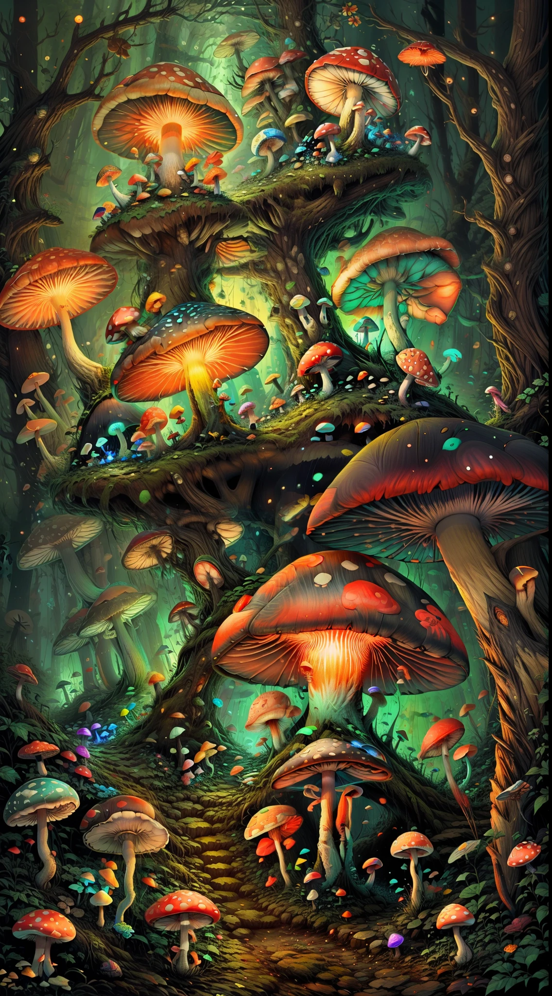 fisheye, 1turtle and many neon mushrooms, fireflies, shroom