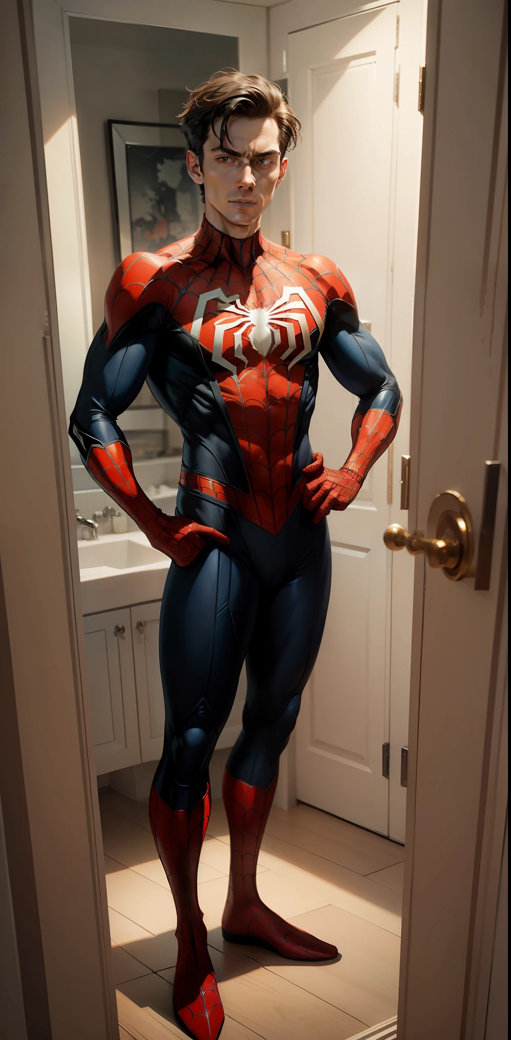 A Spider-Man selfie in front of a mirror, standing, with one hand in his pocket, masterpiece, ink painting, Marvel