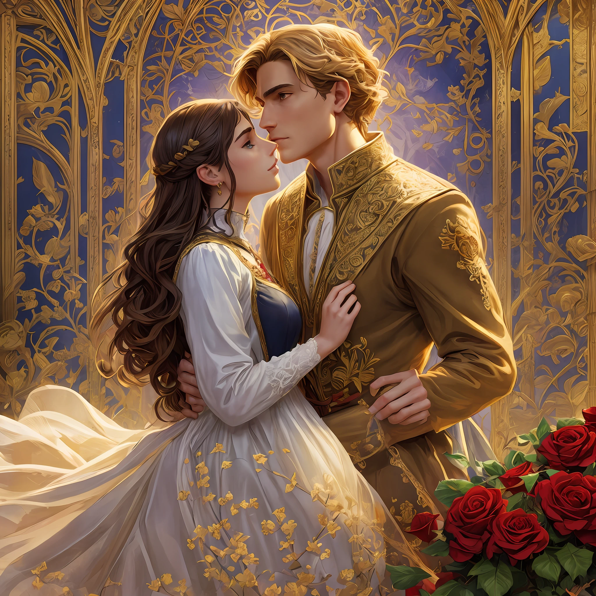 Couple kisses a home and a woman with much affection, the man Neels Visser is a prince who has golden blonde hair, wears a medieval military outfit and is in love with the commoner woman Lily Collins, who has curly brown black hair and wears a red dress, illustration of a romance book cover with a detailed background,  smooth, bright full of ivy-covered flowers and red roses, castle, ornate dress standing on a bed of roses, rim light, dynamic lighting, ethereal lighting, ultra detail, conceptual art, elegant, surreal, art by Lisa Aisato, Greg Hildebrandt, Citemer Liu, Stjepan Sejic, Samyang, Aykut Aydogdu, Justin Gerard, Alphonse Mucha, Artgerm, WLOP and Greg Rutkowski --auto --s2