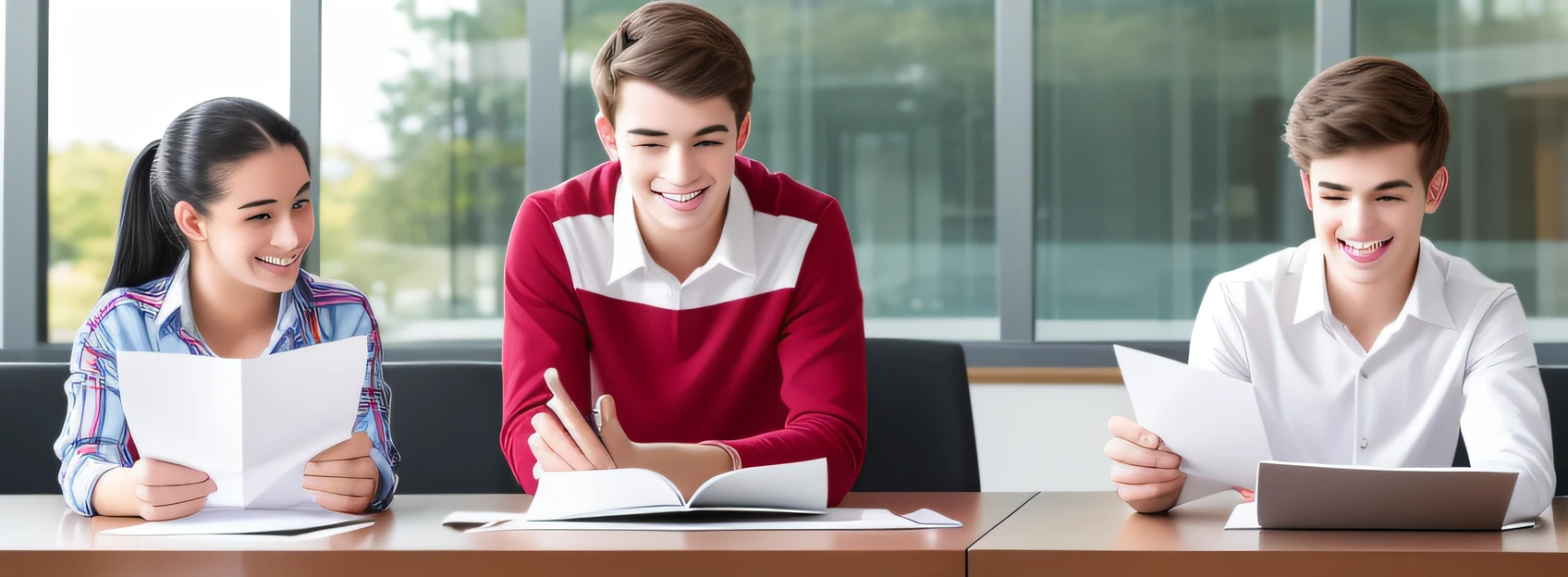 Five young people (maximum 21 years old) holding documents (white papers) smiling for a photo. They are side by side. 4k image, ultra-detailed. Everyone wearing stylish social clothes, clothes for a work environment. They are in a modern high tech office. They are happy and proud to have gotten their first job.