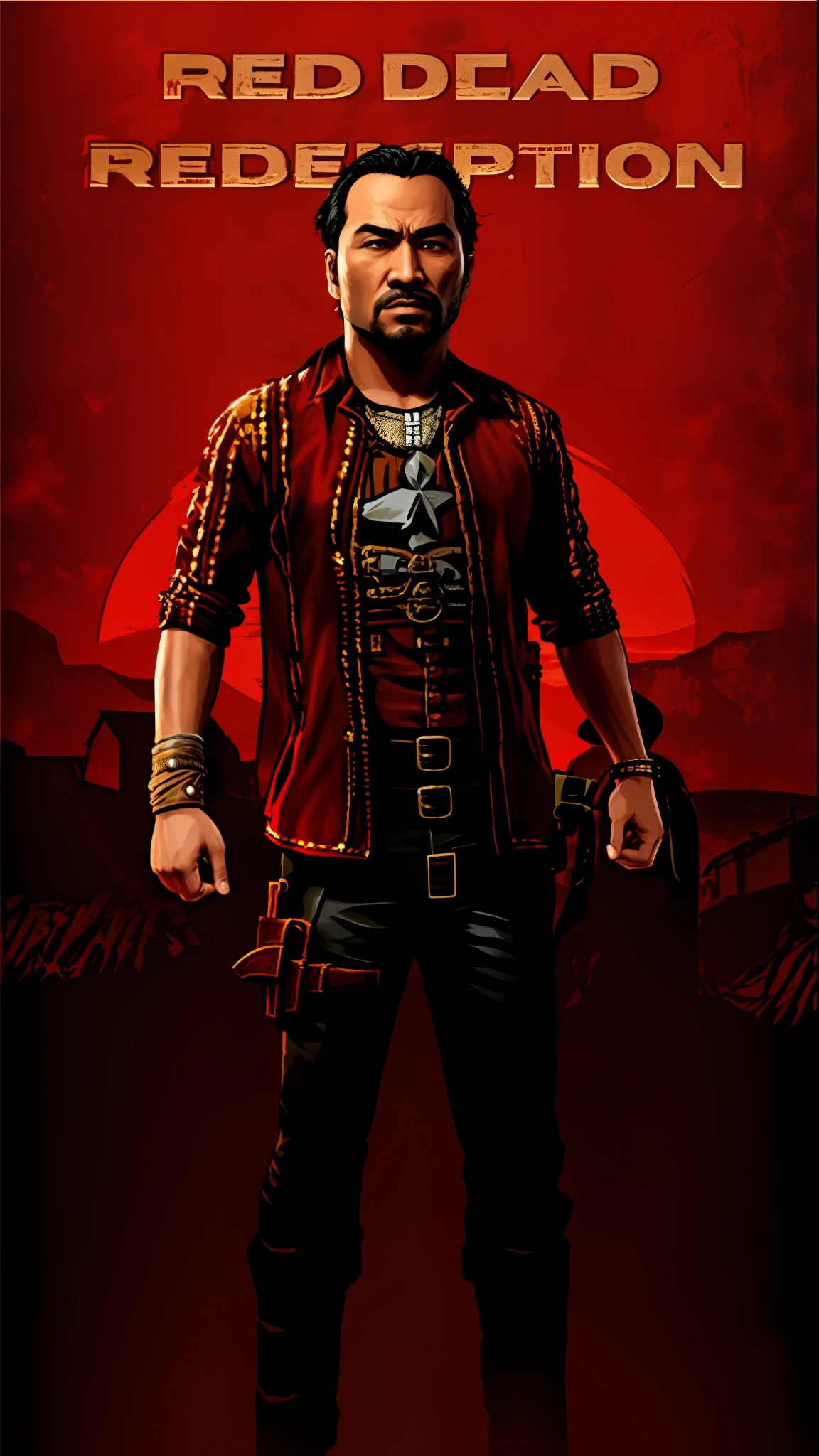 arafed image of a man standing in front of a red dead redemption poster, full body picture, ramil sunga, profile picture 1024px, inspired by Rudy Siswanto, as a character in tekken, inspired by Oka Yasutomo, haris nukem, inspired by Saurabh Jethani, inspired by Abidin Dino, profile pic