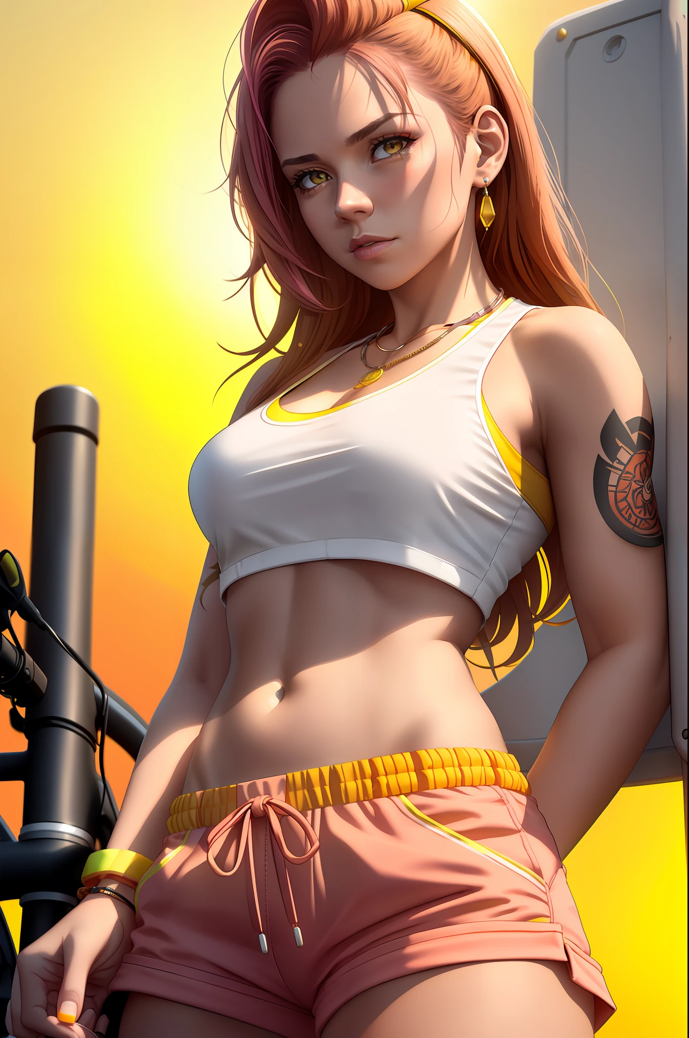 a woman in a white top and pink shorts is standing next to a bike with a yellow background and, by Quentin Tarantino, 1girl, bracelet, brown_hair, jewelry, letterboxed, lips, long_hair, makeup, medium_breasts, midriff, nail_polish, navel, necklace, nose, orange_sky, pink_shorts, realistic, shorts, solo, sun, sunset, tattoo,wristband, yellow_background, yellow_sky, beautiful detailed glow, detailed, Cinematic light, intricate detail, highres, detailed facial features, high detail, sharp focus, smooth, aesthetic, extremely detailed, stamp, octane render,