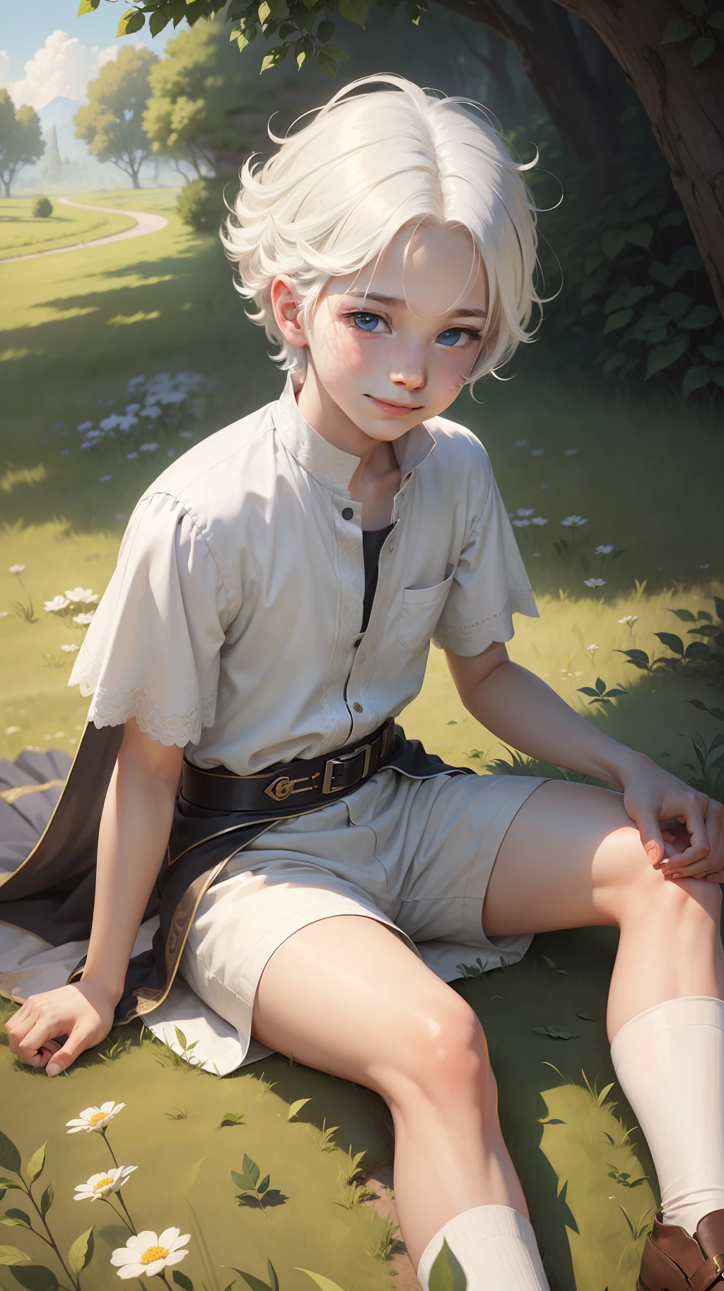 Masterpiece, real, 4k, ultra detailed, illustration, beautiful detailed eyes, a boy, white hair, healing smile, sitting on grass.