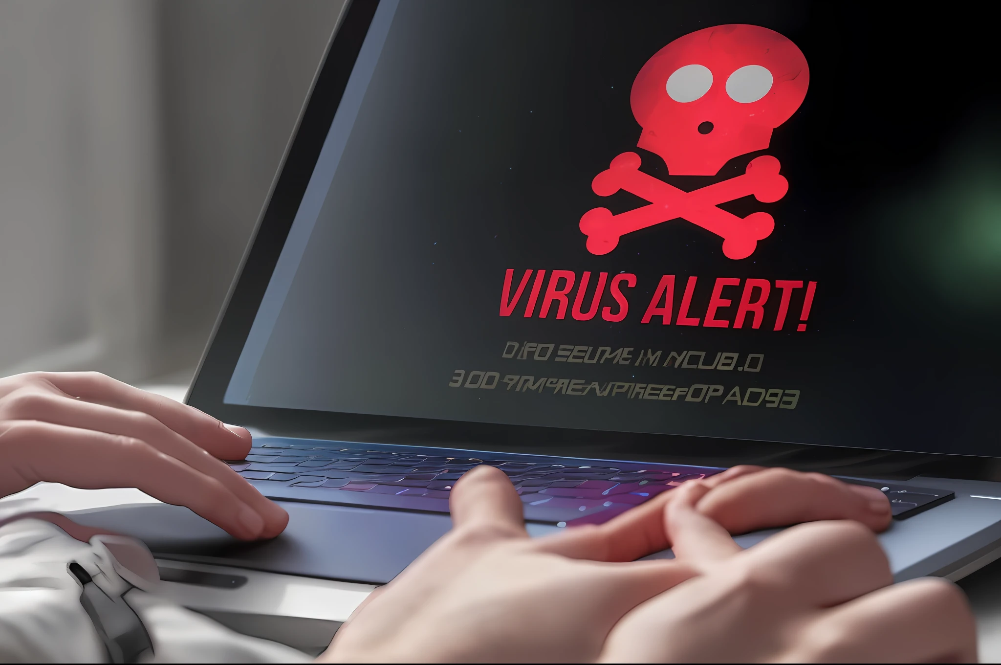 someone is typing on a laptop with a red sign on the screen, virus, beauty is a virus, malicious, cyber war, the origine of cybertimes, oompa loompa virus, hacking effects, 3 4 5 3 1, danger, exclusive, viral image, shockwaves are coming out, personal computer horror, easy go, cognitohazard, scare