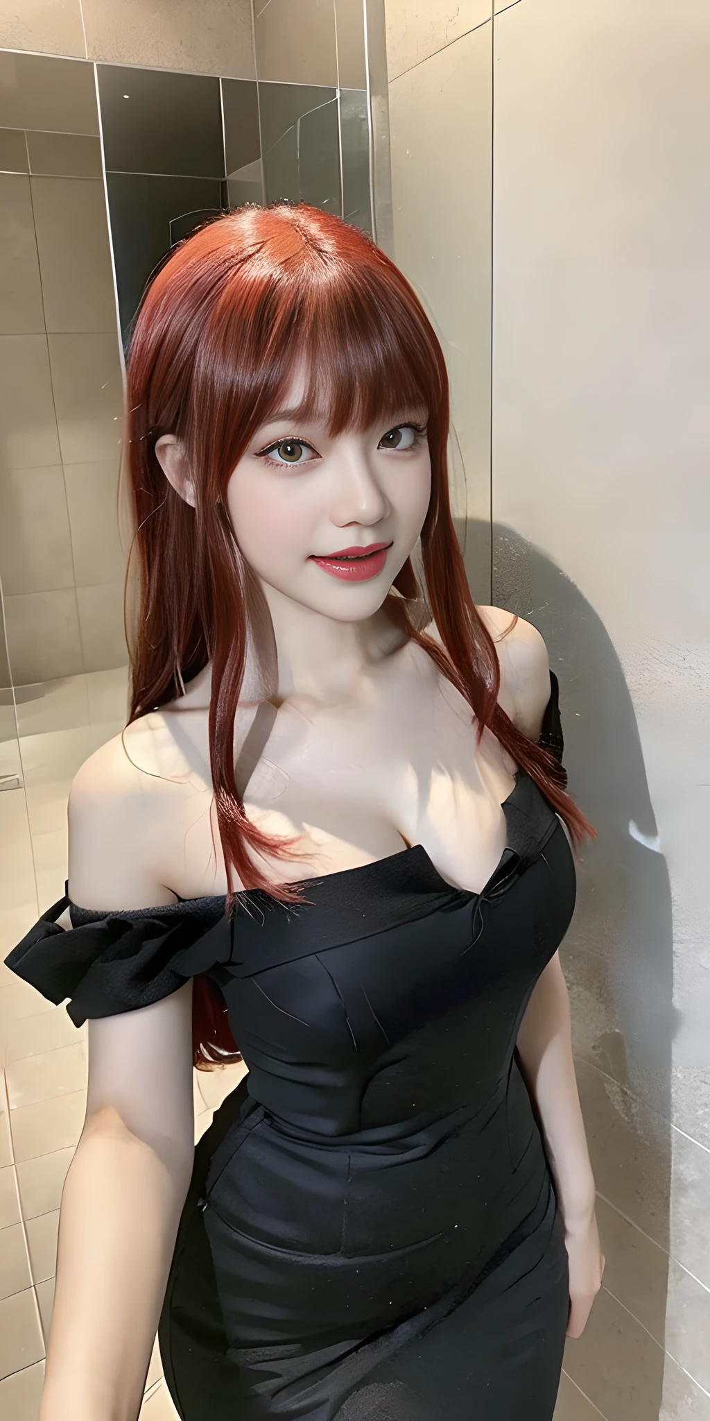 Best quality, 8k, 32k, Masterpiece, UHD:1.2), (Cowboy shot of a Pretty korean woman 18 years old), 1girl,extremely detailed face, extremely detailed eyes, (red long hair with korean bangs),flirty smile, looking at viewer, double eyelid, medium breasts, cleavage, solo focus, off shoulder , (black sexy dress:1.3), ,on a bathroom with a shower with white walls ,abs,(top_view_perspective:1.3)