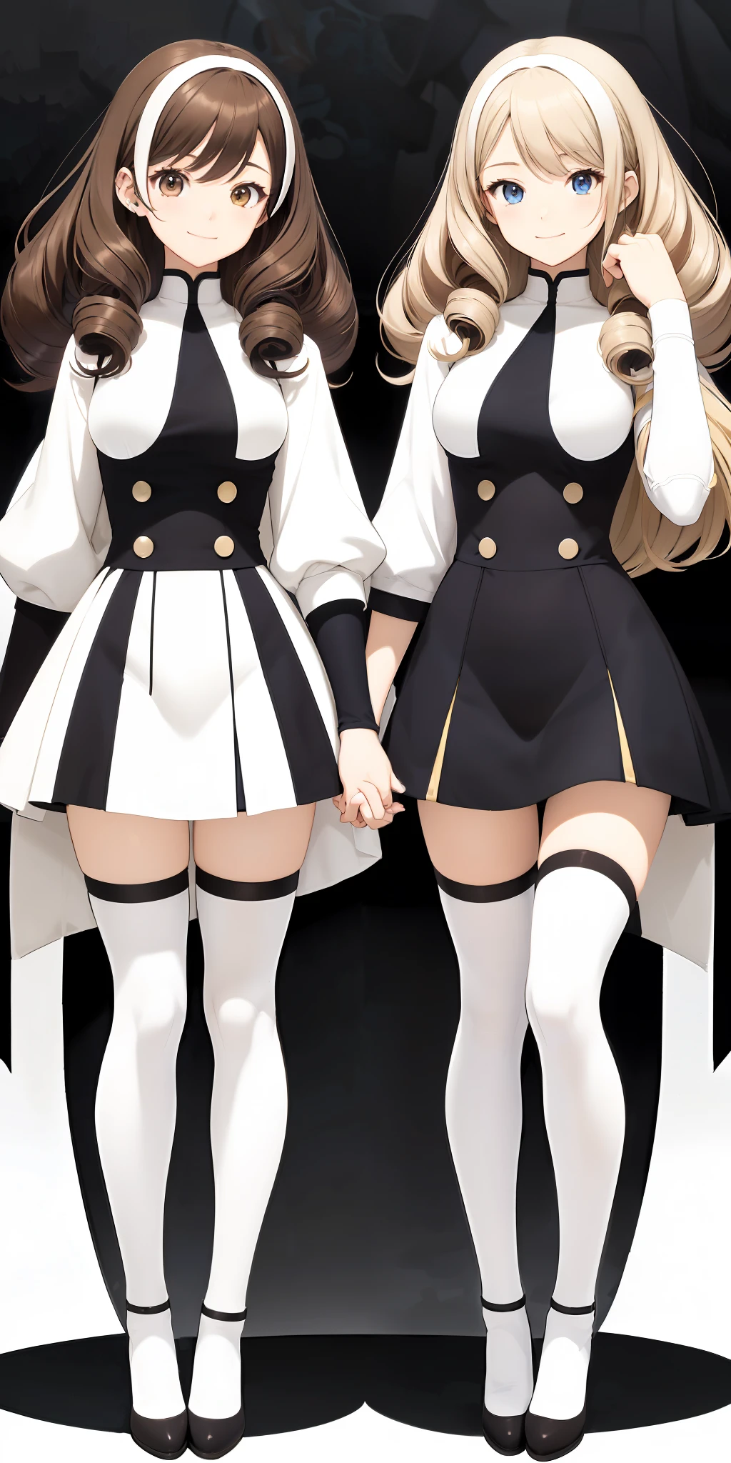 perfect anime illustration, 2girls, twin sisters, identical sisters, brown hair, blonde hair, (1 blonde girl, 1 brown haired girl, different hair colors), curly hair, matching hairstyle, hazel eyes, smiling, ((matching outfits, white thigh highs, high heels)), matching hairstyles, white background, highres, full body, pose