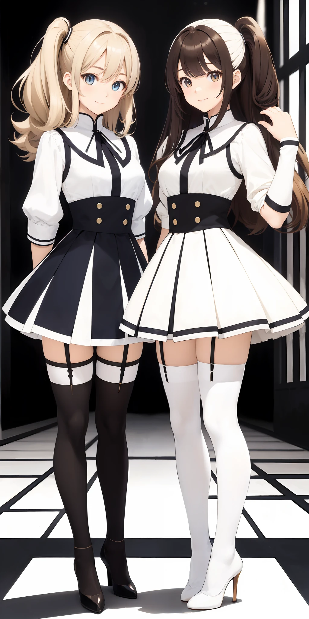 perfect anime illustration, 2girls, twin sisters, identical sisters, brown hair, blonde hair, (1 blonde girl, 1 brown haired girl, different hair colors), curly hair, matching hairstyle, hazel eyes, smiling, ((matching outfits, white thigh highs, high heels)), matching hairstyles, white background, highres, full body, pose