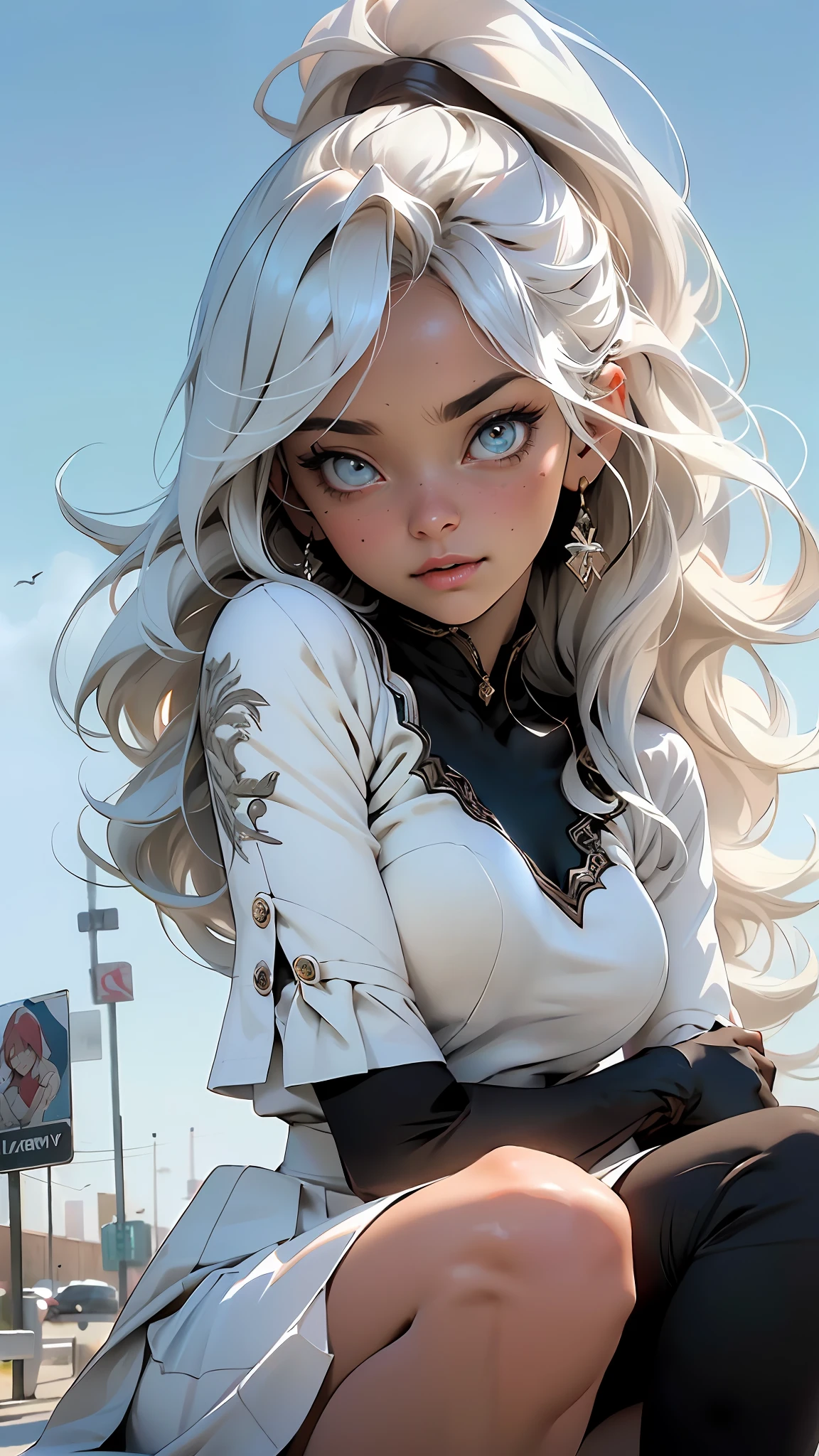 (Best Quality, Masterpiece), Best Quality, High Resolution, Masterpiece, Best Detail, 8k, Close Up, Realistic, 35mm, Intricate Detail, HDR, Intricate Detail, Ultra Detail, Natural Skin Texture, Surrealism, Sharp, Best Quality, High Resolution, (One Girl: 1.6), (lora:RussianDoll: 0.4), (Lora:TaiwanDoll: 0.4), (Best Quality, 8k, Masterpiece: 1.3), Highly detailed face and skin texture, detailed eyes,  Double eyelids, bleached skin, long hair split edges, (round face: 1.4), blue sky, white clouds, road, sea, (behino shape) shooting angle, (cowboy shot) cowboy angle, add to its charm.