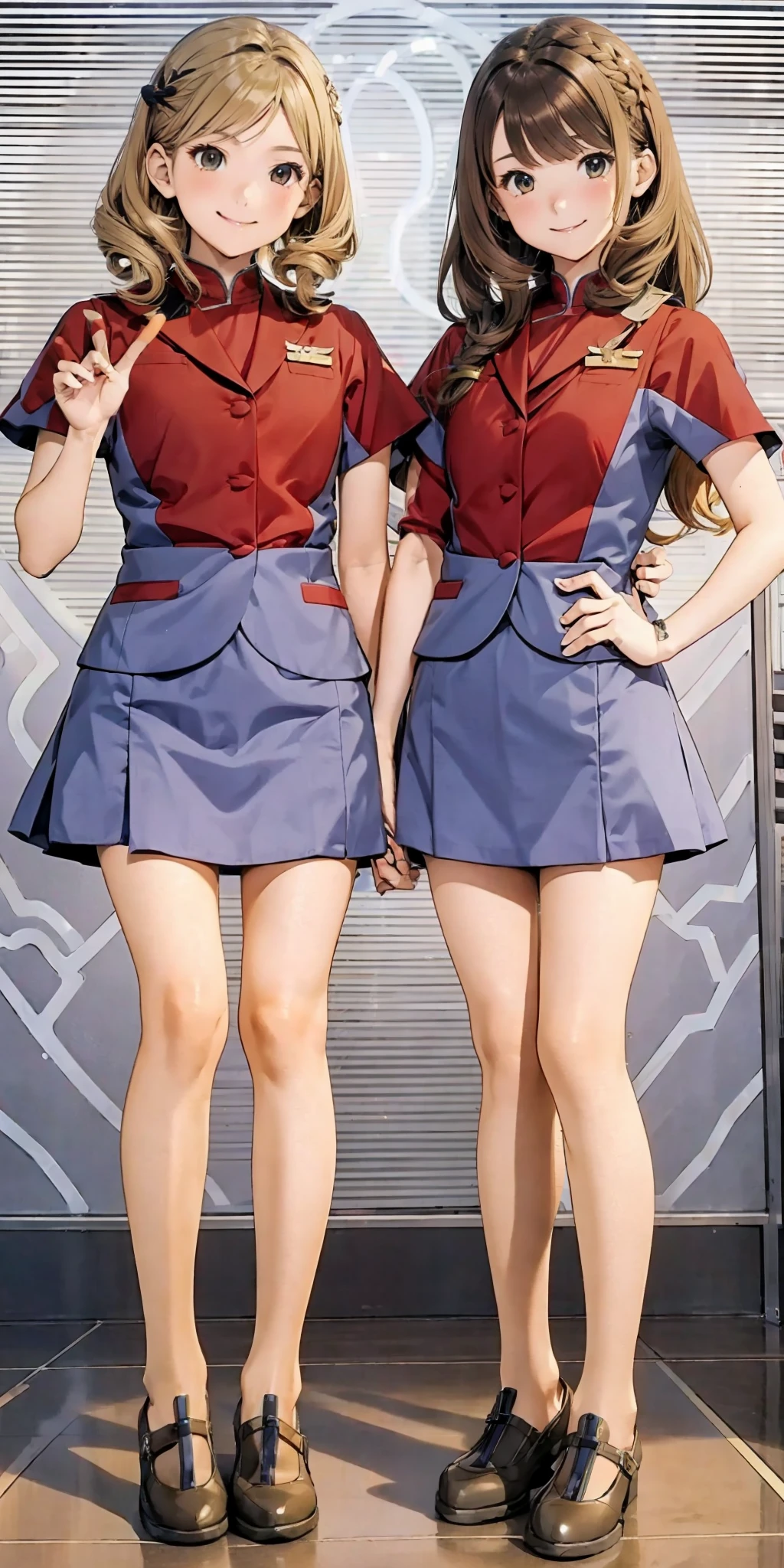 perfect anime illustration, 2girls, twin sisters, identical sisters, brown hair, blonde hair, (1 blonde girl, 1 brown haired girl, different hair colors), curly hair, matching hairstyle, hazel eyes, smiling, ((matching outfits)), matching hairstyles, white background, highres, full body, pose