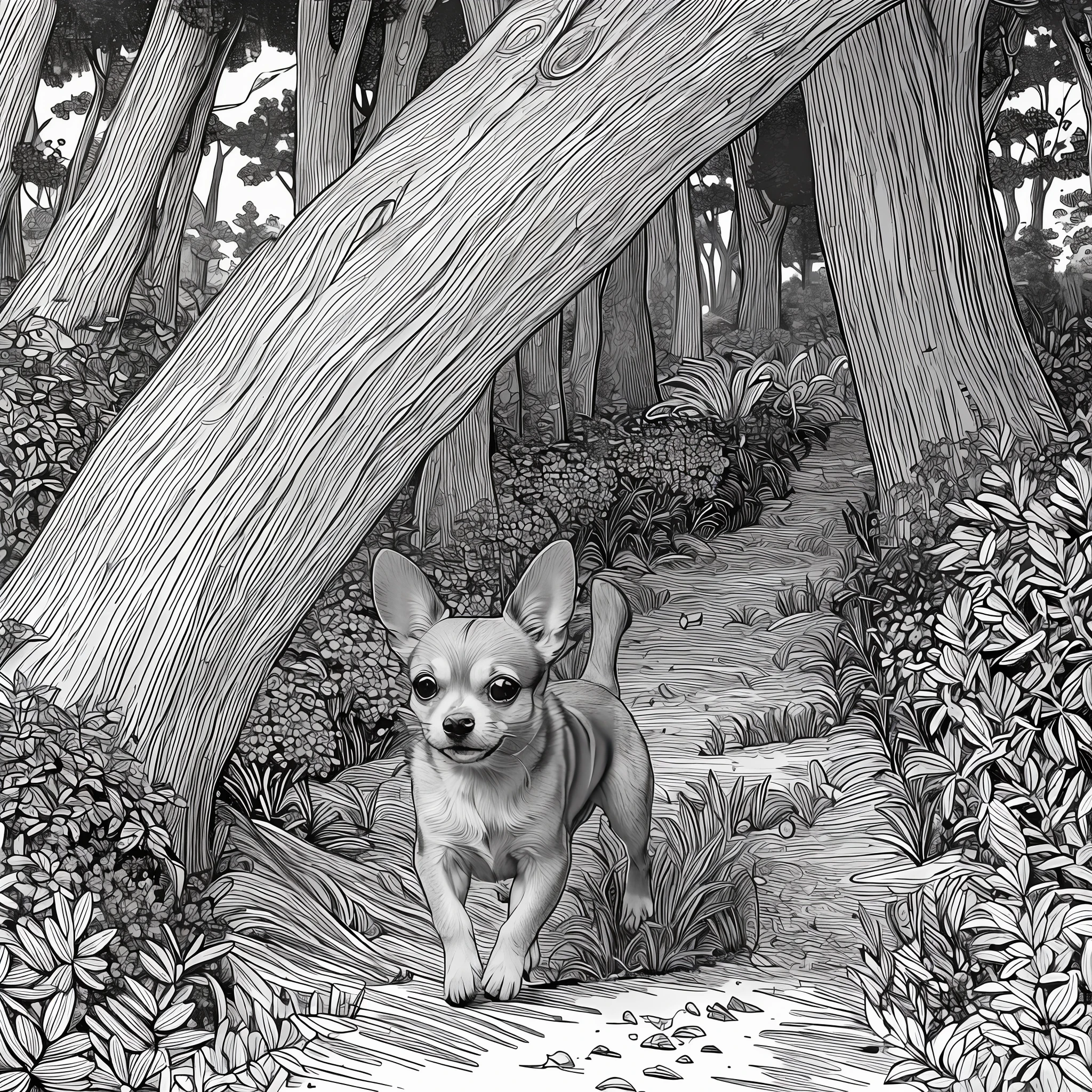 coloring page, no color, small cute chihuahua dog, running, environment is a forest with trees and flowers --auto --s2