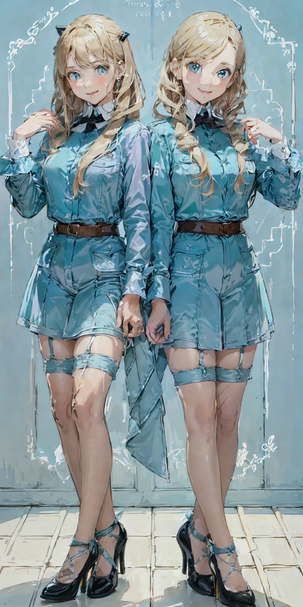 perfect anime illustration, 2girls, twin sisters, identical sisters, brown hair, blonde hair, (1 blonde girl, 1 brown haired girl, different hair colors), curly hair, matching hairstyle, hazel eyes, smiling, ((matching outfits, blue uniforms, black high heels)), matching hairstyles, white background, highres, full body, pose