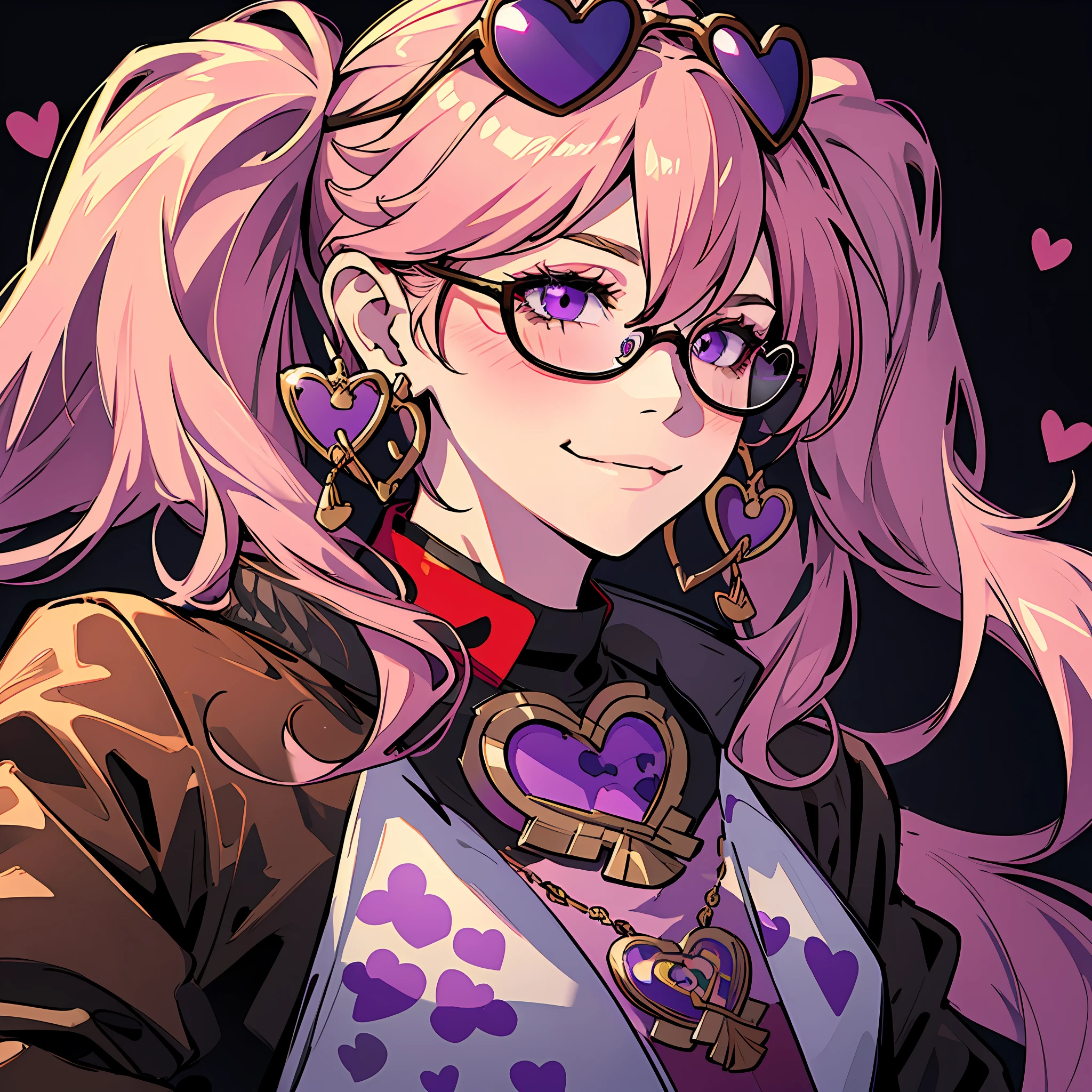 masterpiece, best quality, choker, Kitch, Transgender Female, heart, glasses, earrings, looking at viewer, jacket, :3, jewelry, upper body, heart-shaped eyewear, eyewear on head, shirt, portrait, animal print, smile, twintails, black background, red jacket, blush, hoop earrings, sunglasses , yae miko , purple eyes