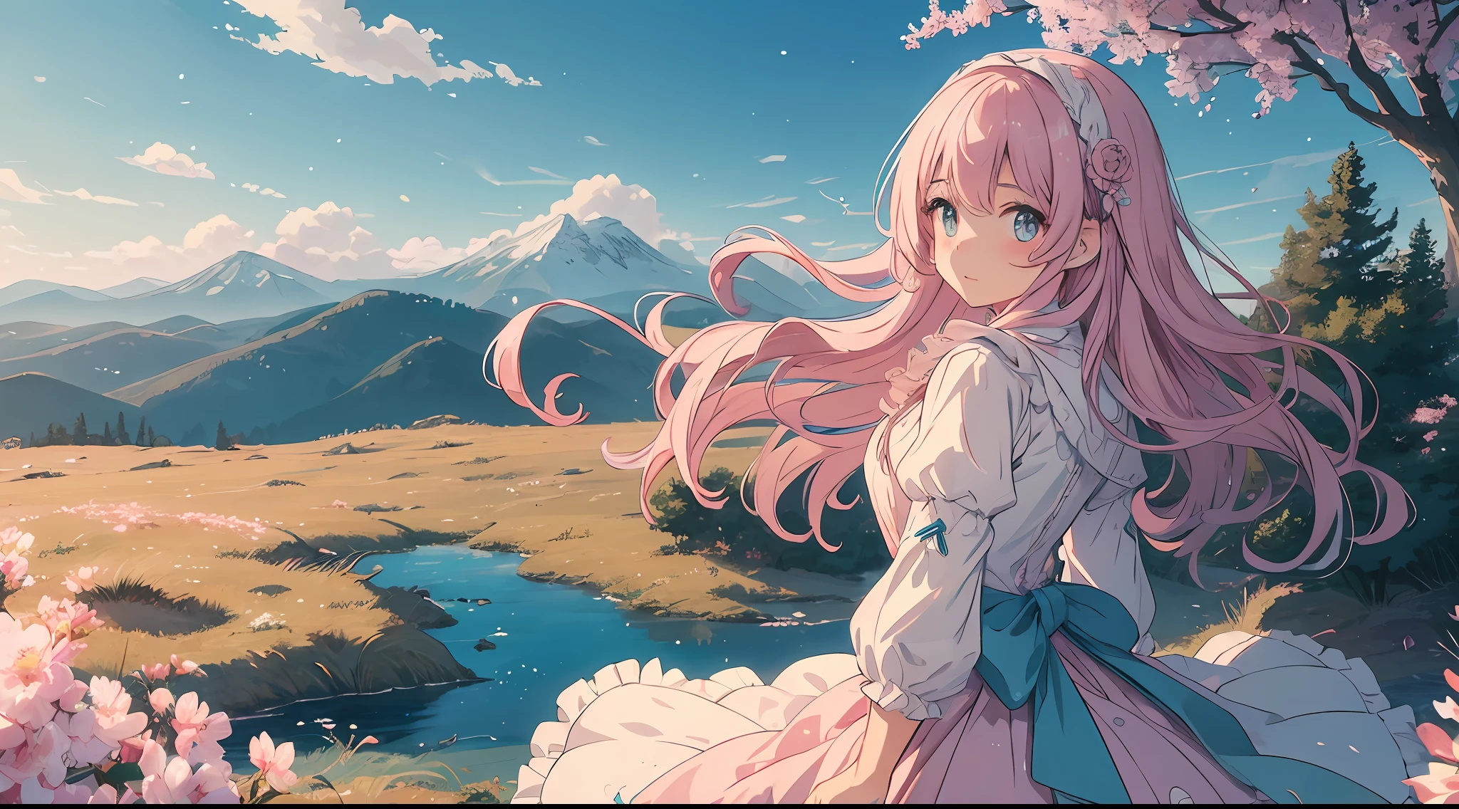 (1girl:1.2), slight blush, hands down, wavy hair, long hair, fluffy hair, pastel pink hair, icy blue eyes, sakura tree, hair flower, capelet, lace trim, frills, ta, elegant, bodice, wind, winter, mountain range, mountain sitting near mountain, detailed water, sparkling eyes, light smile, peaceful, winter, extremely detailed, depth of field, cinematic lighting, Ghibli-like colours, high detail, scenery, high place, horizon, wind, wind blow, looking at viewer, lolilothes, 8k, bokeh, from side, award winning, (masterpiece:1.2), best quality, anatomically correct, perfect hands