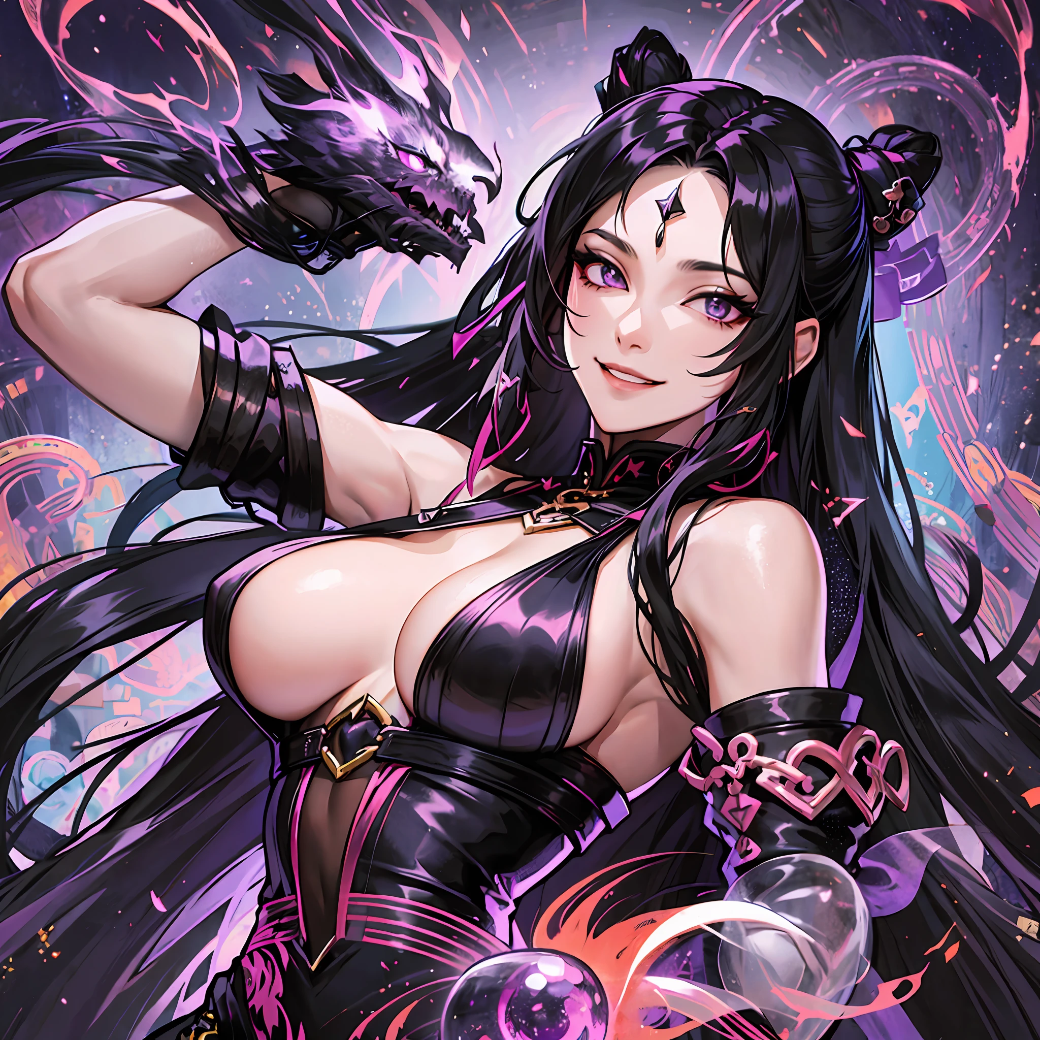 Masterpiece, Long Haired Girl, Black Hair, Straight Hair, Queen of Shadows, Black Aura, Evil Smile, Eyes Shining Purple, Big Ass, Medium Chest, Milf --auto --s2